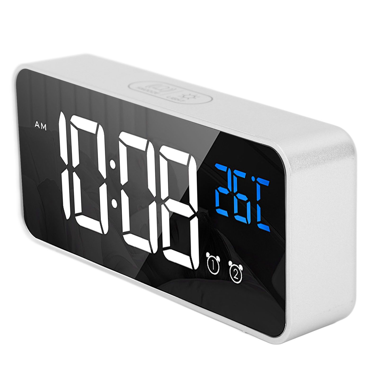 Mirror LED Alarm Clock Two Sets of Alarm Rechargeable Voice Activated Digital Clock for Bedrooms Bedside Desk Silver - Image 2