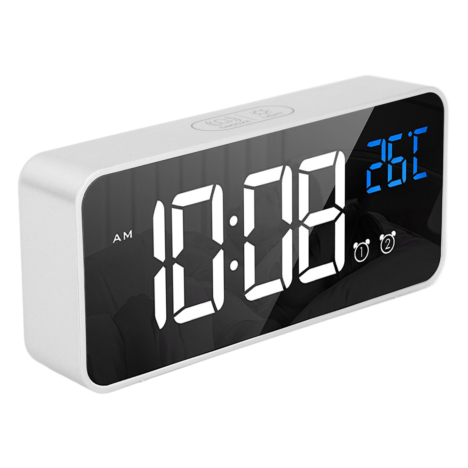 Mirror LED Alarm Clock Two Sets of Alarm Rechargeable Voice Activated Digital Clock for Bedrooms Bedside Desk Silver - Image 3