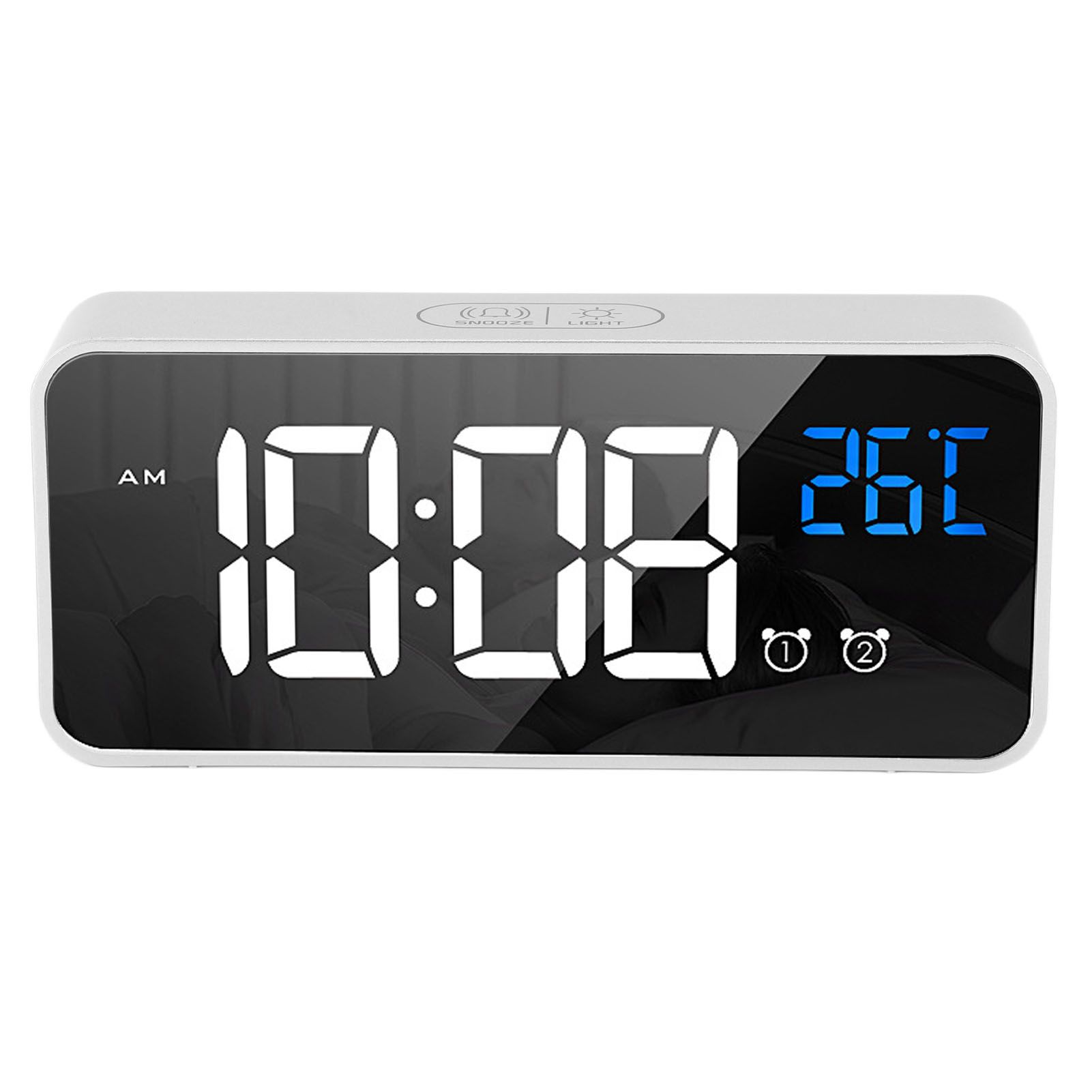 Mirror LED Alarm Clock Two Sets of Alarm Rechargeable Voice Activated Digital Clock for Bedrooms Bedside Desk Silver - Image 4