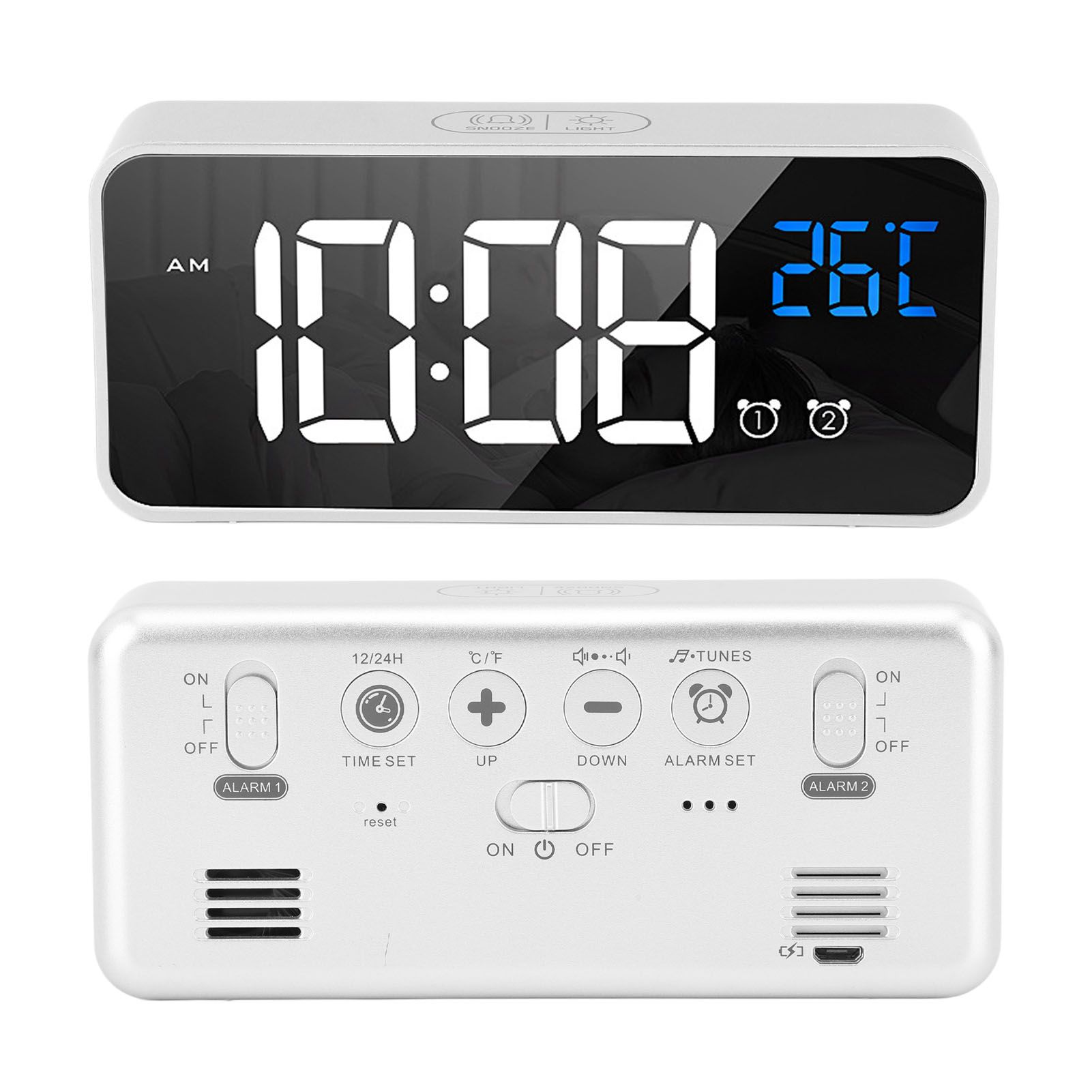 Mirror LED Alarm Clock Two Sets of Alarm Rechargeable Voice Activated Digital Clock for Bedrooms Bedside Desk Silver - Image 8