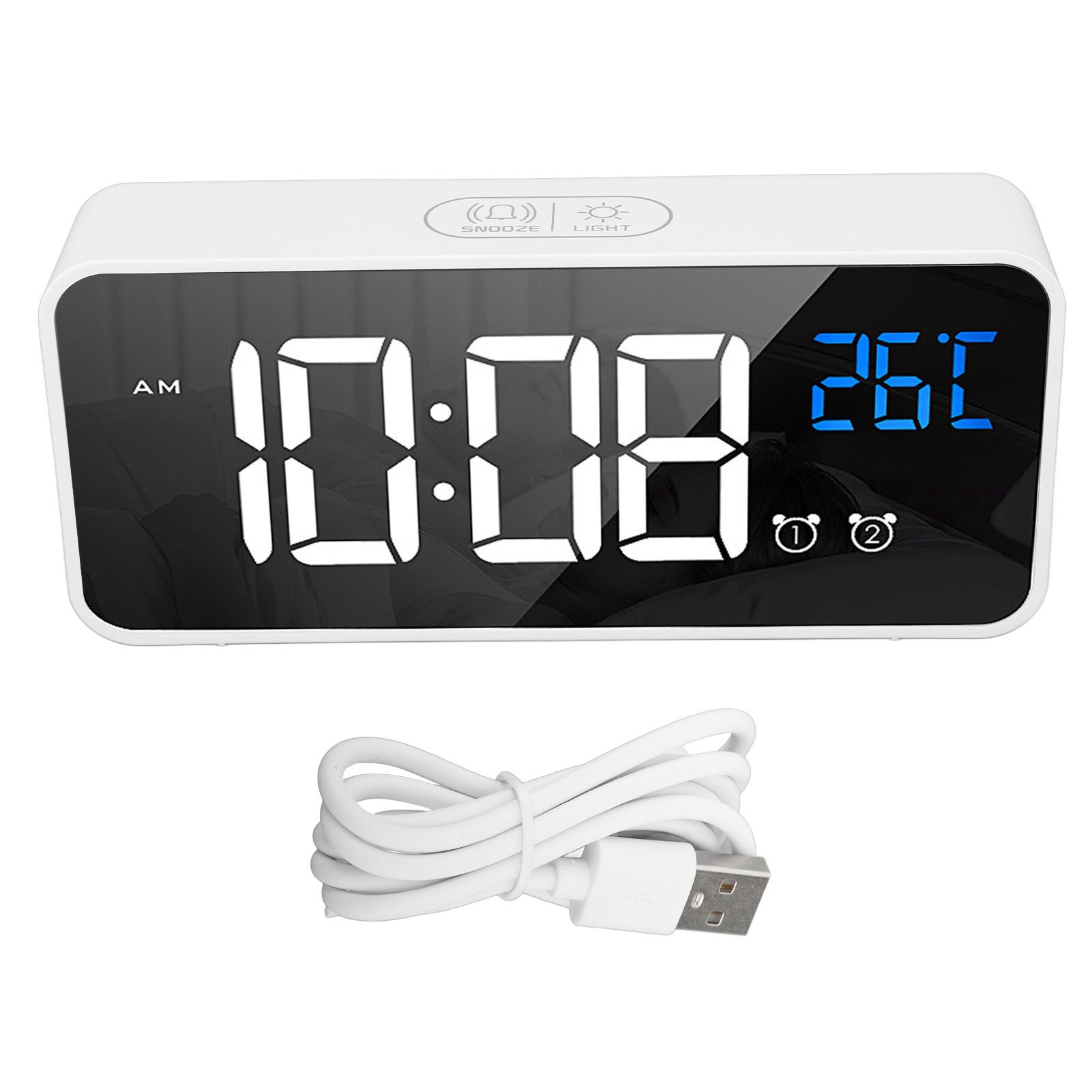 Mirror LED Alarm Clock Two Sets of Alarm Rechargeable Voice Activated Digital Clock for Bedrooms Bedside Desk White - Image 1