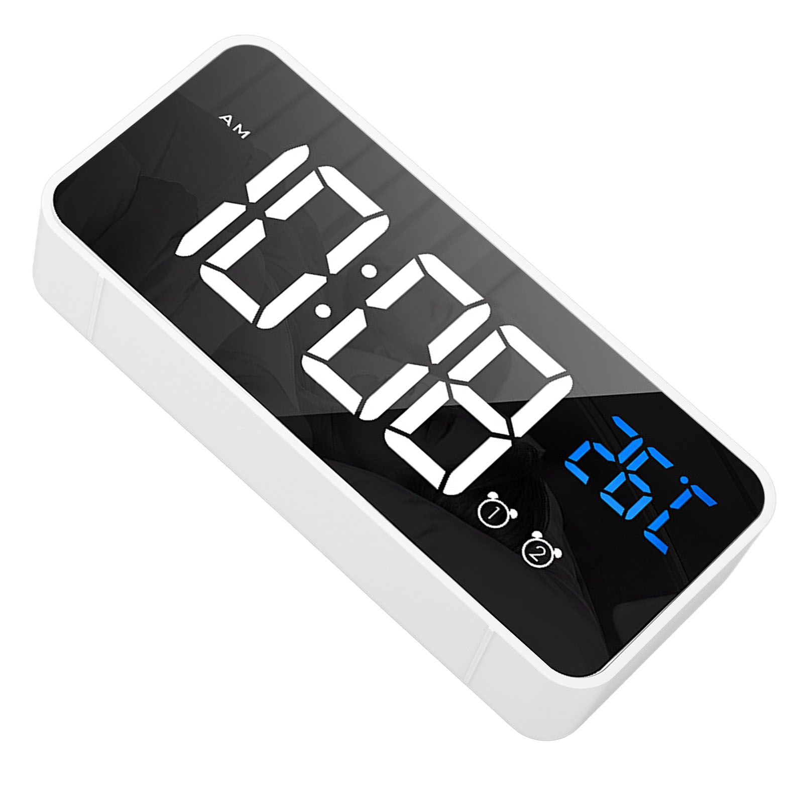 Mirror LED Alarm Clock Two Sets of Alarm Rechargeable Voice Activated Digital Clock for Bedrooms Bedside Desk White - Image 2