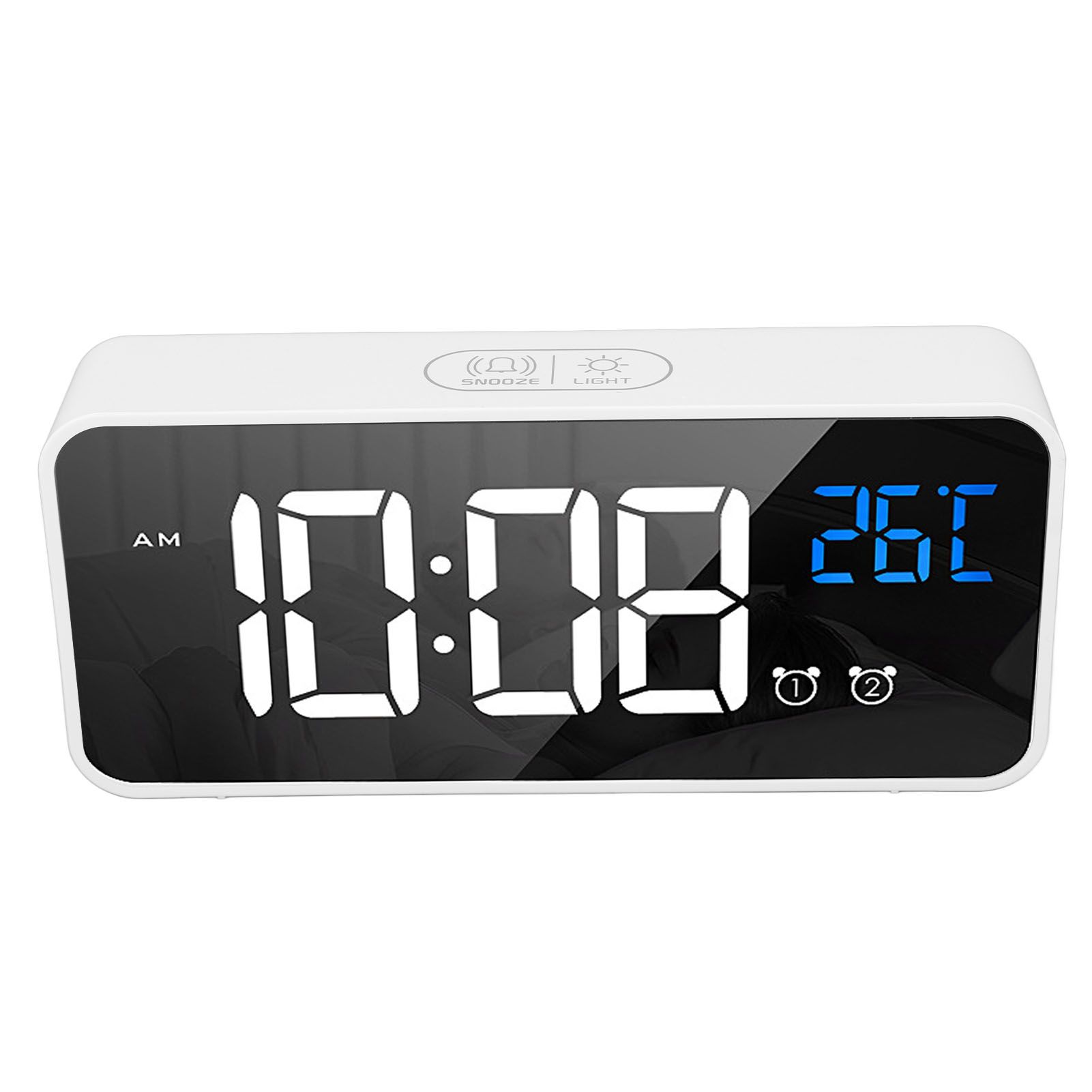 Mirror LED Alarm Clock Two Sets of Alarm Rechargeable Voice Activated Digital Clock for Bedrooms Bedside Desk White - Image 3