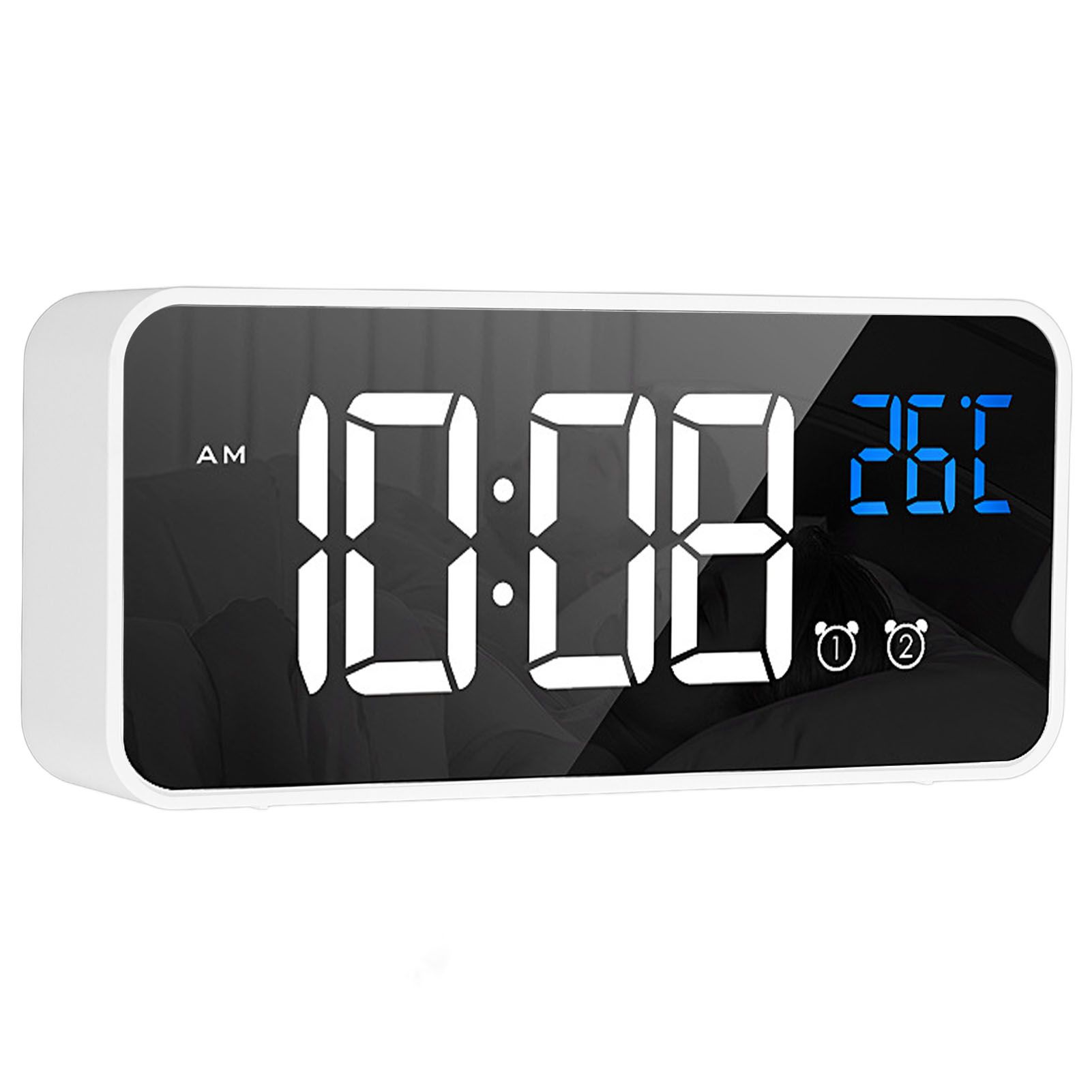 Mirror LED Alarm Clock Two Sets of Alarm Rechargeable Voice Activated Digital Clock for Bedrooms Bedside Desk White - Image 4