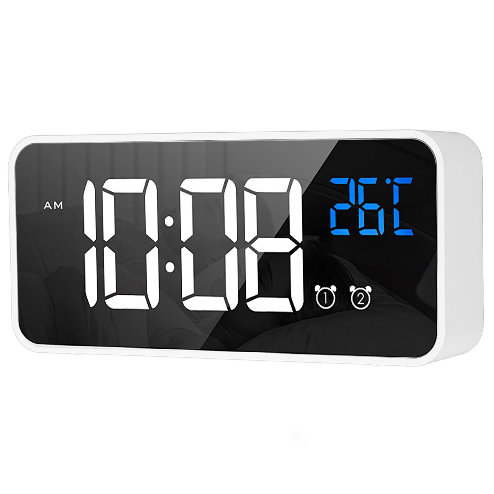 Mirror LED Alarm Clock Two Sets of Alarm Rechargeable Voice Activated Digital Clock for Bedrooms Bedside Desk White - Image 5
