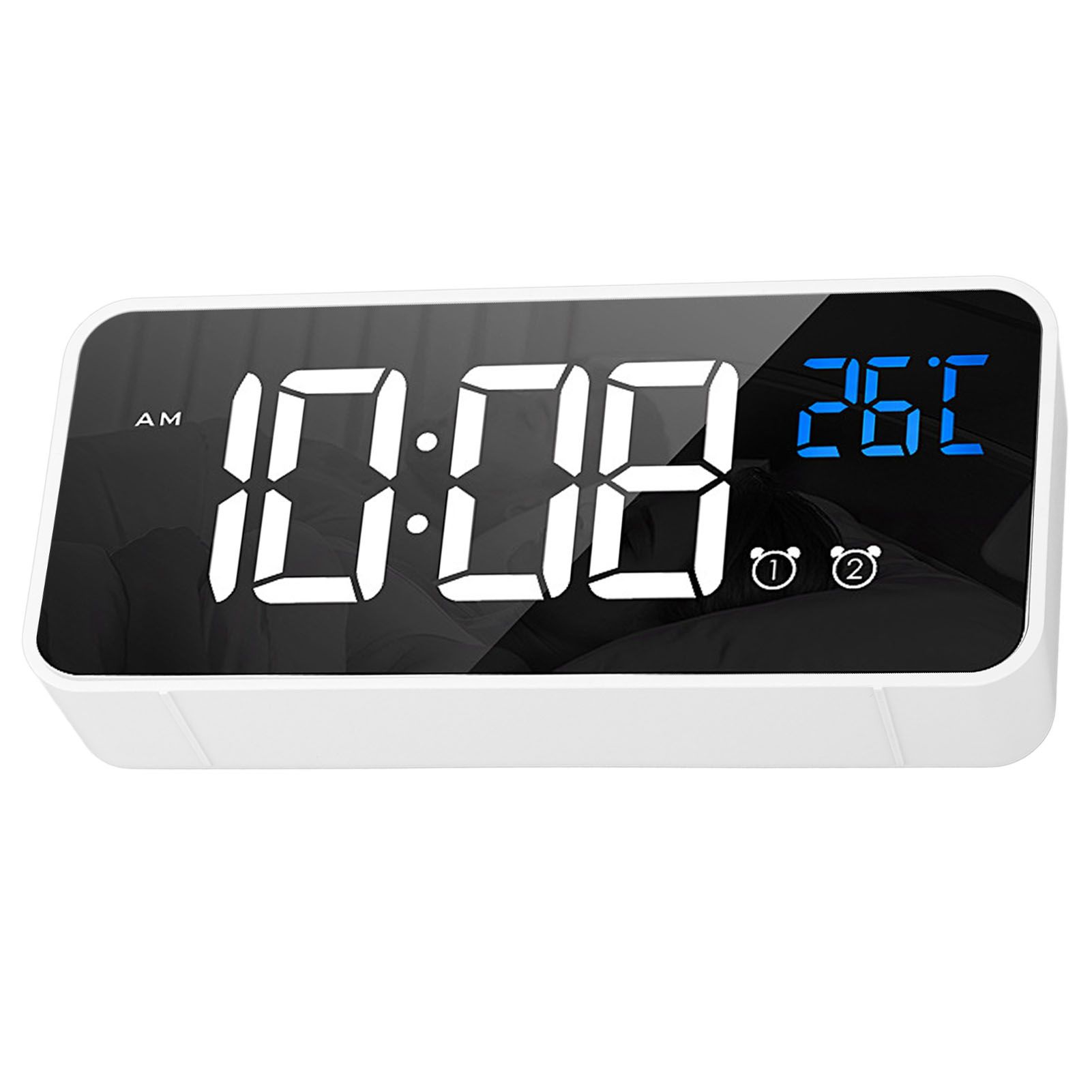 Mirror LED Alarm Clock Two Sets of Alarm Rechargeable Voice Activated Digital Clock for Bedrooms Bedside Desk White - Image 8