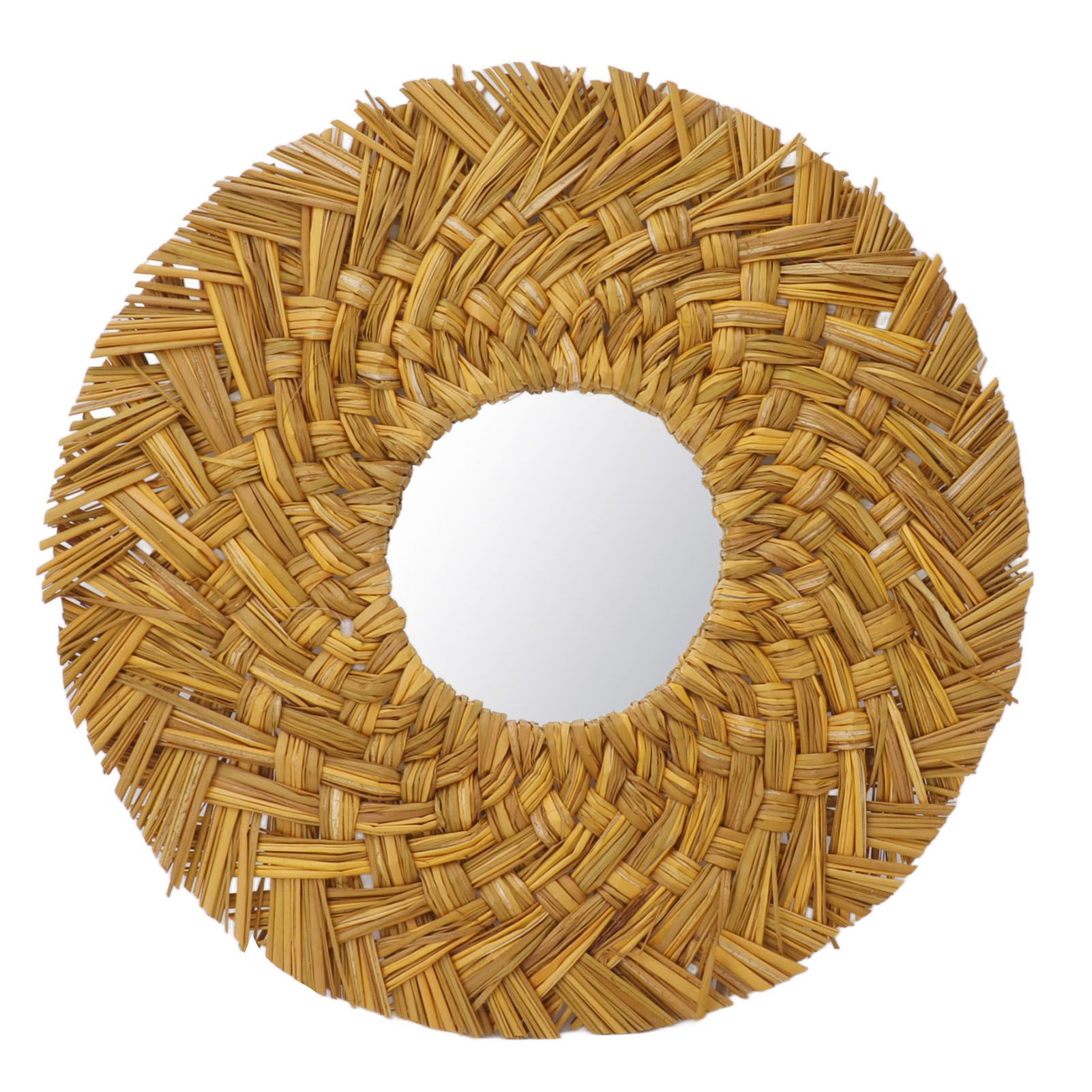 Straw Weaving Wall Mirror Retro Beautiful Woven Wall Hanging Mirror for Dorm Room Decoration Gold - Image 1