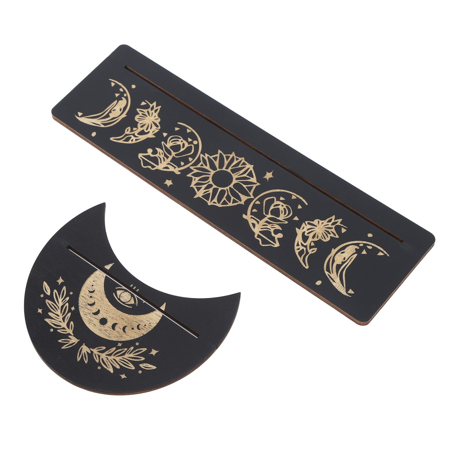 2 Pieces Wooden Tarot Card Stand Holder Moon Shape and Rectangle Wooden Tarot Card Display Stand Base Black Type A - Image 2