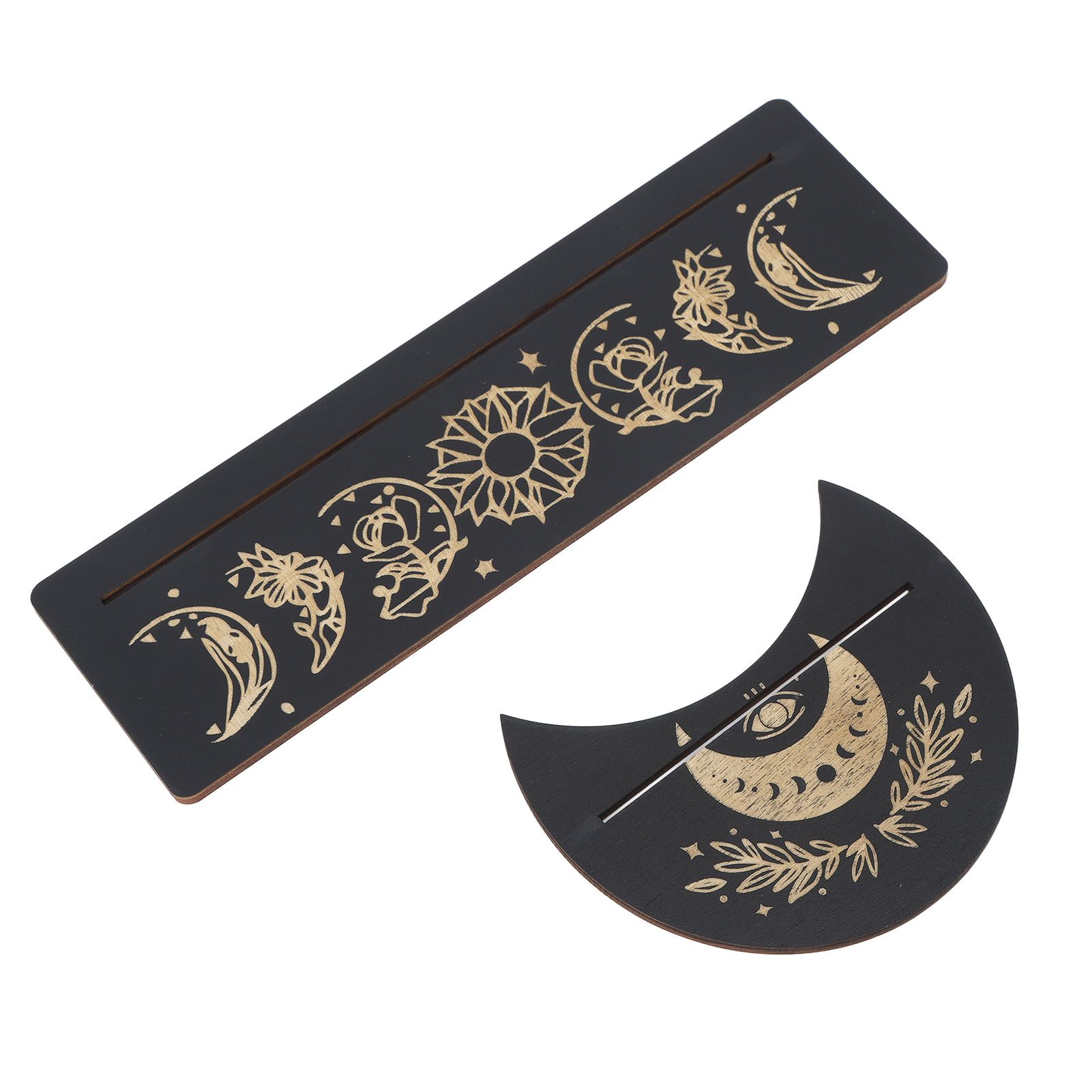 2 Pieces Wooden Tarot Card Stand Holder Moon Shape and Rectangle Wooden Tarot Card Display Stand Base Black Type A - Image 3