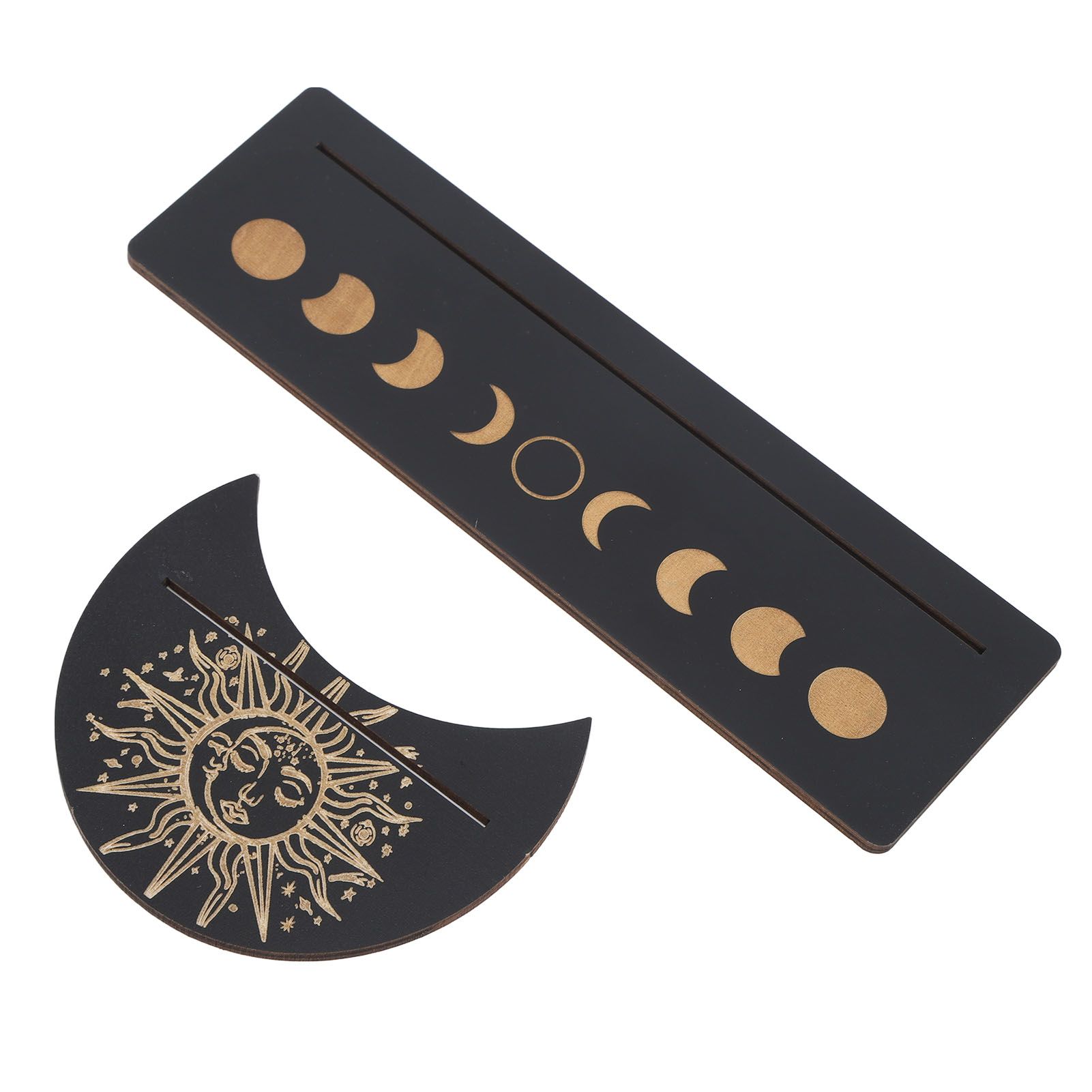 2 Pieces Wooden Tarot Card Stand Holder Moon Shape and Rectangle Wooden Tarot Card Display Stand Base Black Type B - Image 2