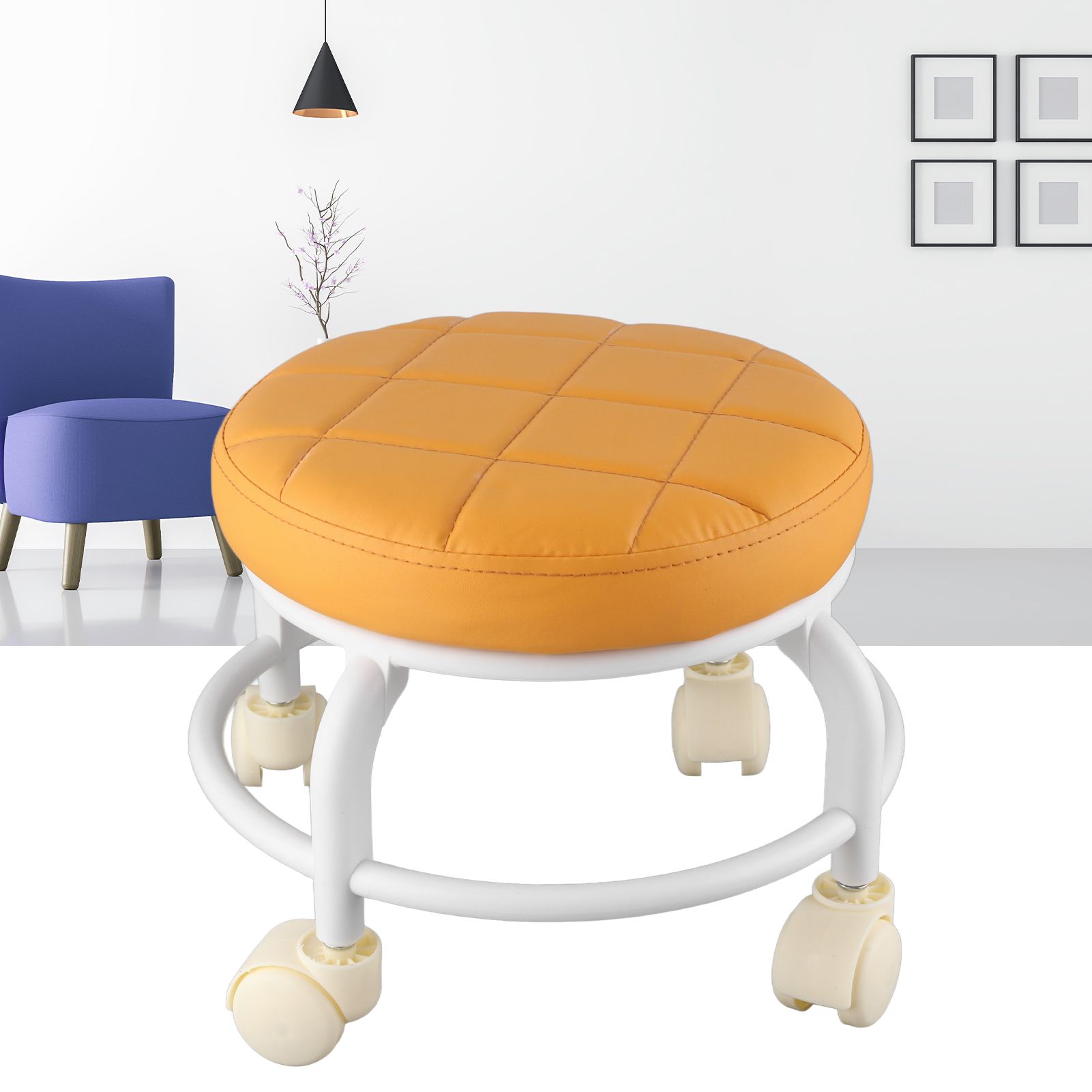 Rolling Ottoman High Density Memory Foam Waterproof Quiet Wheels Double Layers Footrest Stool for Family Office Orange - Image 5