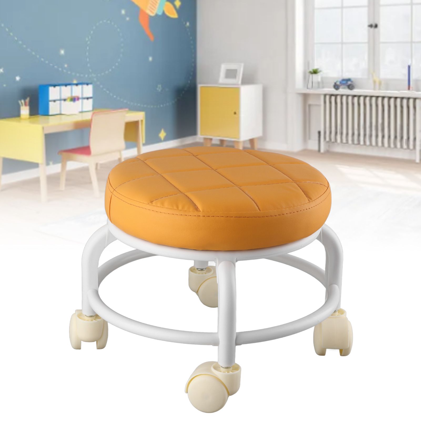 Rolling Ottoman High Density Memory Foam Waterproof Quiet Wheels Double Layers Footrest Stool for Family Office Orange - Image 6