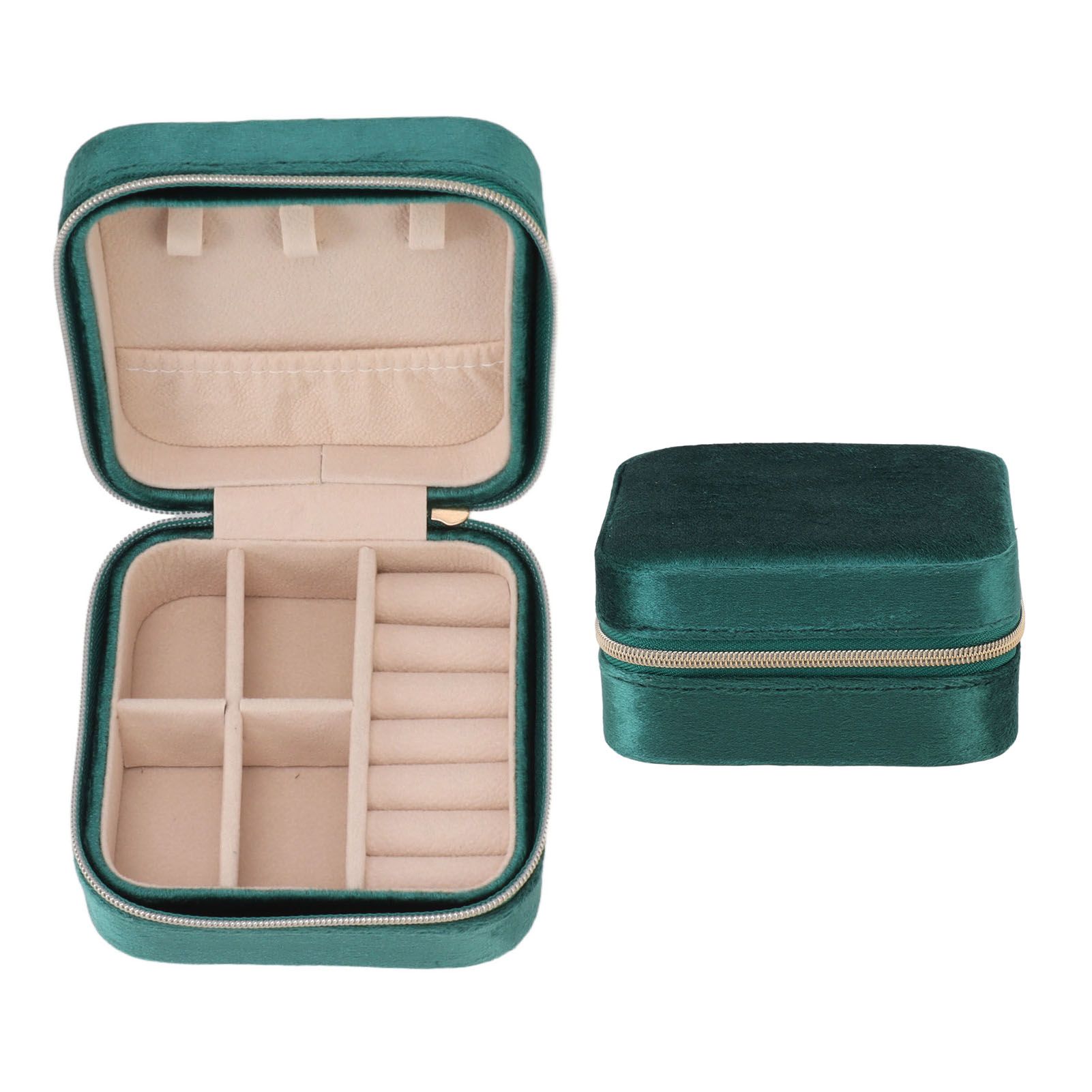 Velvet Jewelry Box Compact Small Zippered Travel Organizer Portable Storage Case for Daily Use Blackish Green - Image 2