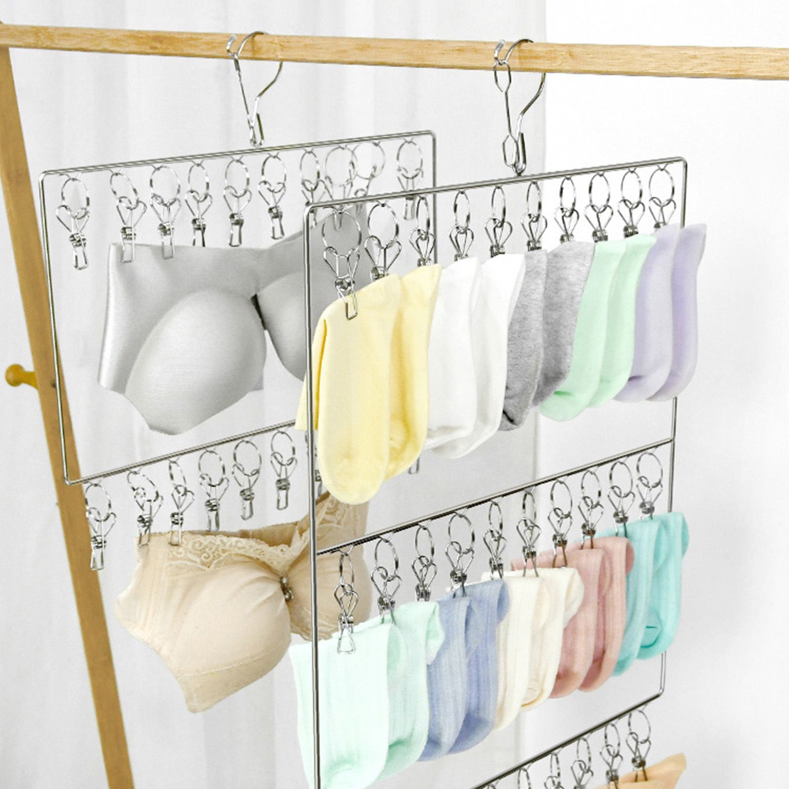 Stainless Steel Sock Drying Rack for Towels Cloth Diapers Bras Baby Clothes Underwear Hat Gloves 3 Layer 30 Clip - Image 6