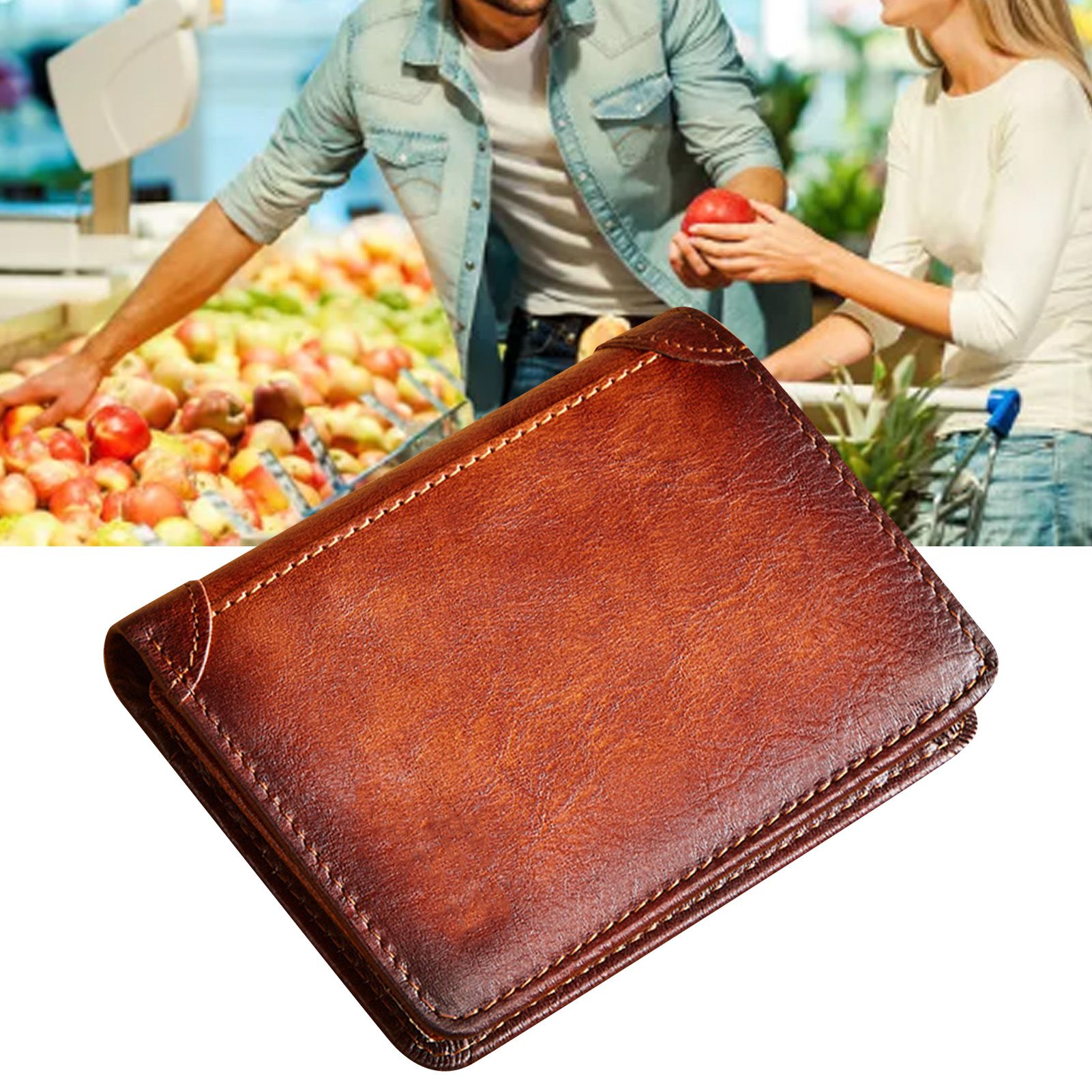 Trifold Wallet Retro Style Large Space Multi Card Slots Men Leather Wallet Coin Purse Yellowish Brown - Image 5