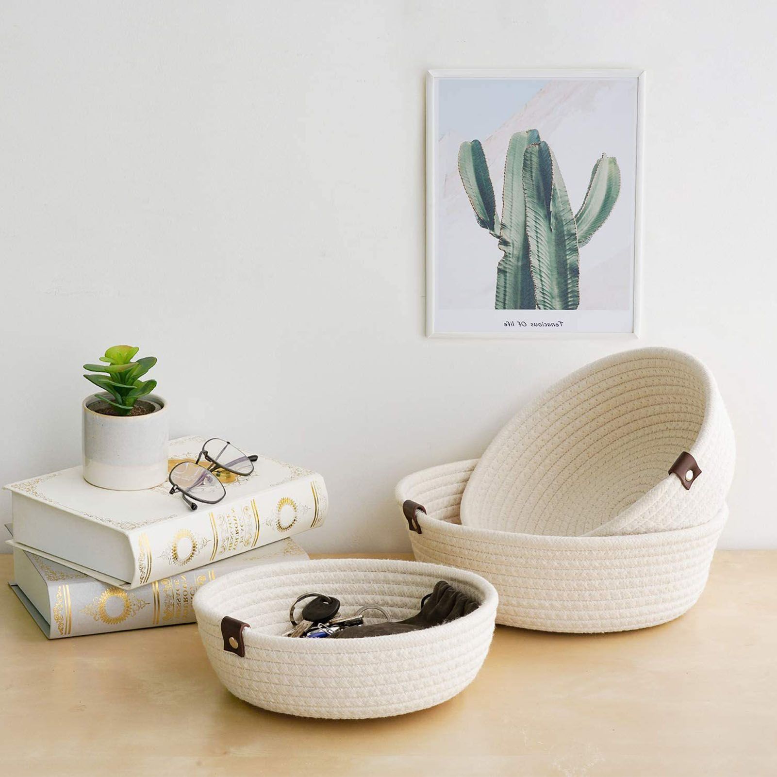 3 Piece Cotton Rope Woven Storage Basket Set Round Cotton Linen Storage Basket for Desktop Organizing White - Image 5