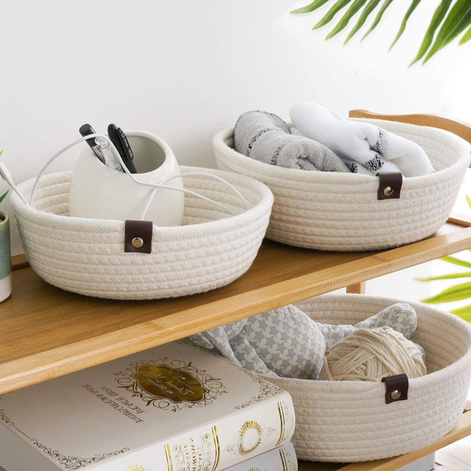 3 Piece Cotton Rope Woven Storage Basket Set Round Cotton Linen Storage Basket for Desktop Organizing White - Image 6