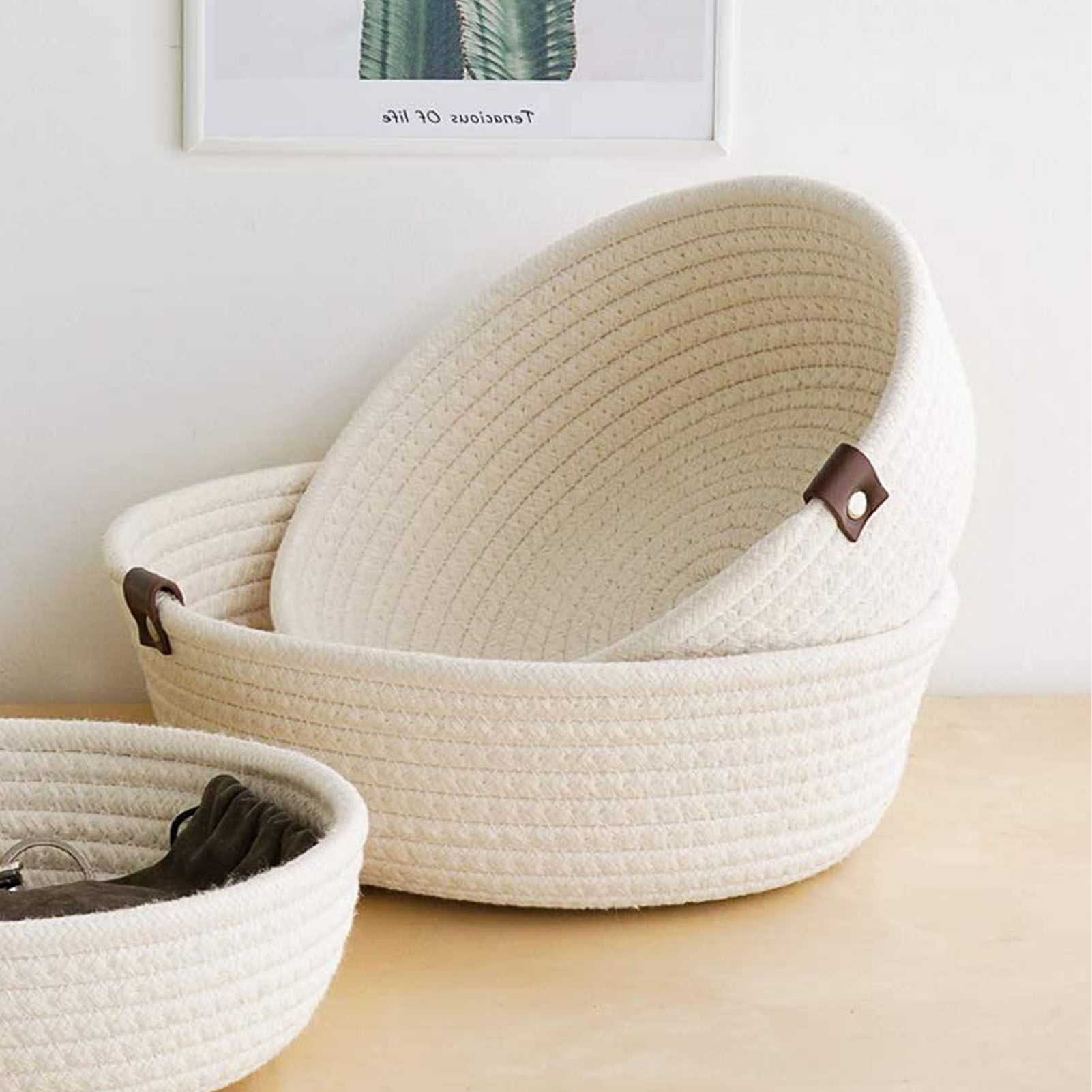 3 Piece Cotton Rope Woven Storage Basket Set Round Cotton Linen Storage Basket for Desktop Organizing White - Image 8