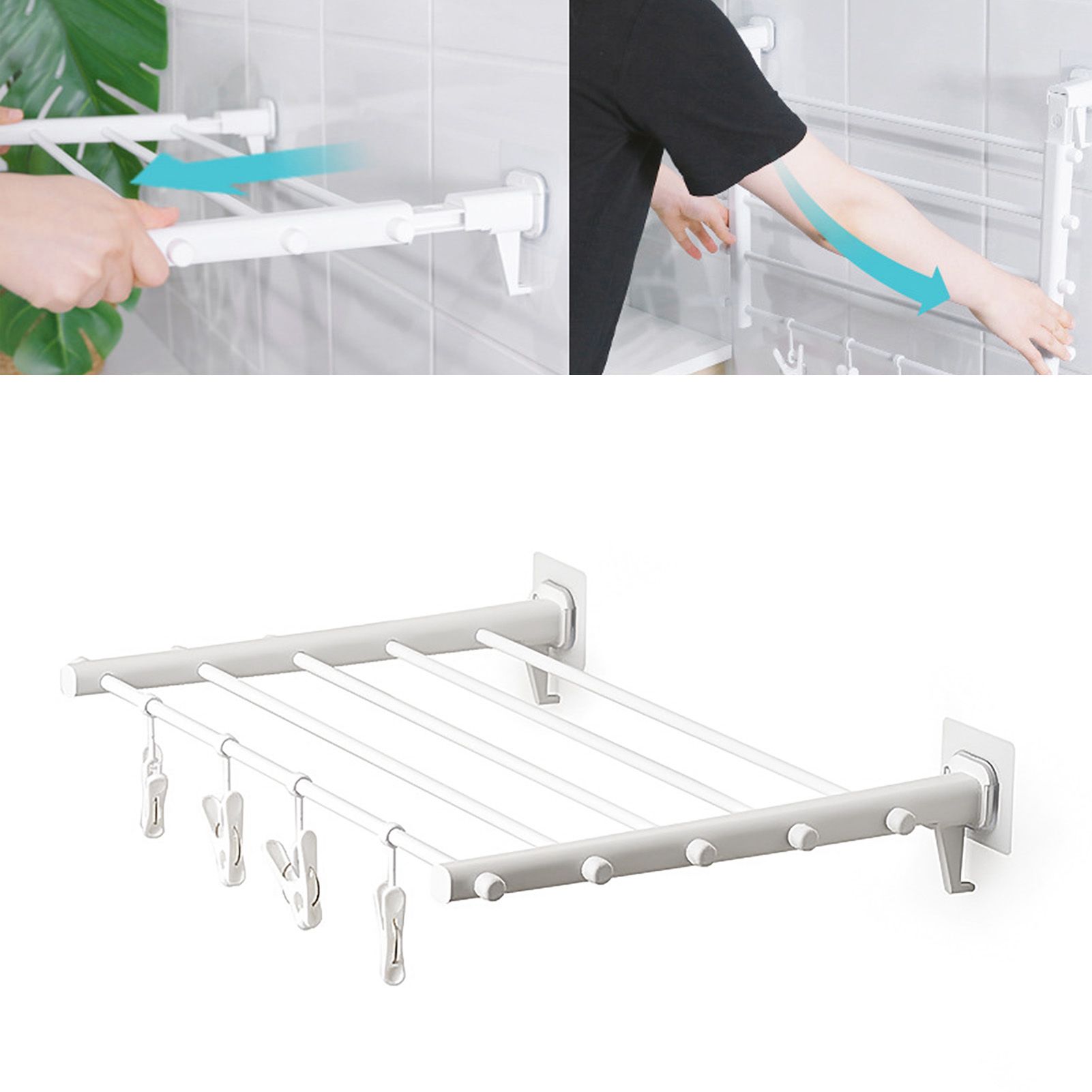 Wall Mounted Clothes Drying Rack Folding Telescopic Punch Free Plastic Laundry Rack for Indoor Balcony 530mm 4 Clips - Image 3