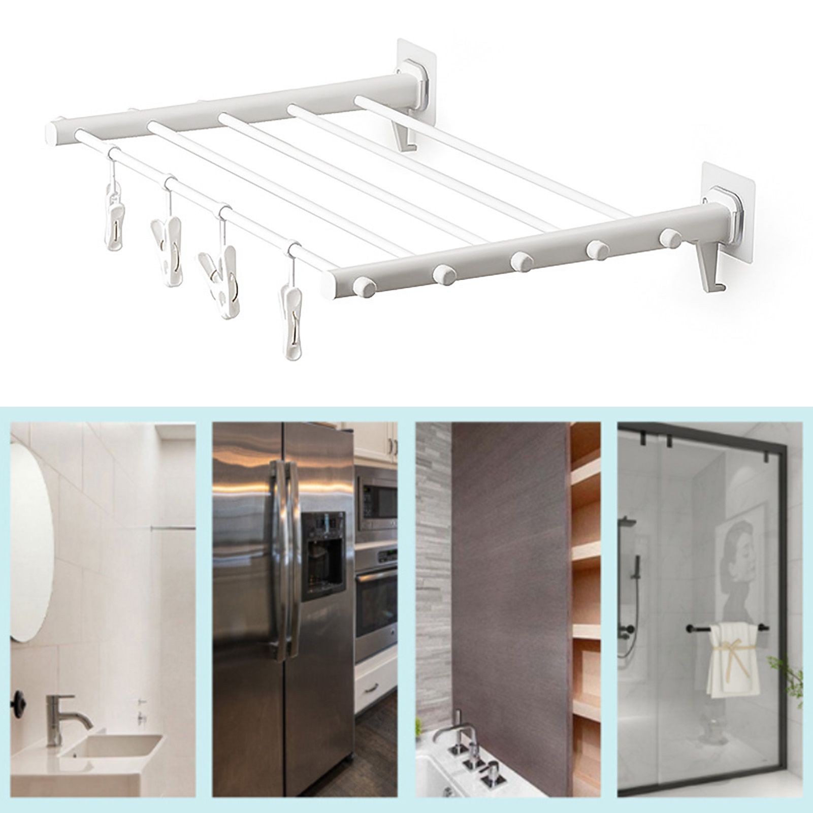 Wall Mounted Clothes Drying Rack Folding Telescopic Punch Free Plastic Laundry Rack for Indoor Balcony 530mm 4 Clips - Image 4