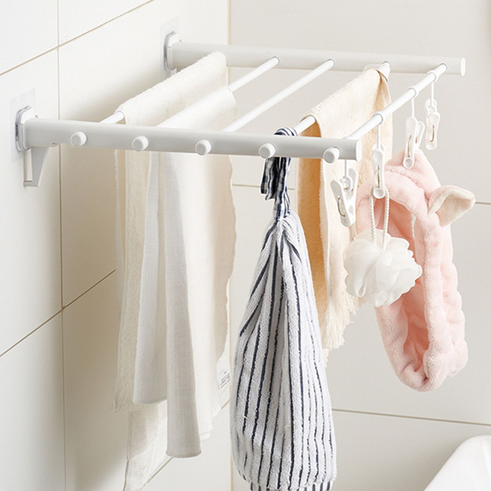 Wall Mounted Clothes Drying Rack Folding Telescopic Punch Free Plastic Laundry Rack for Indoor Balcony 530mm 4 Clips - Image 6