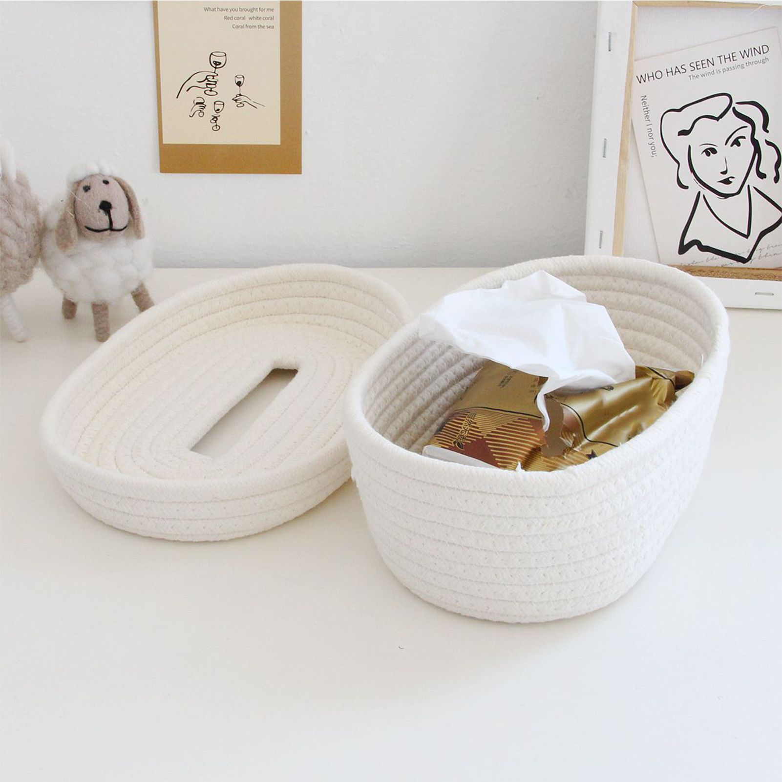 Tissue Box Cover Handmade Cotton Rope Napkin Tissue Holder Decorative Household Desktop Tissue Storage Box White - Image 5