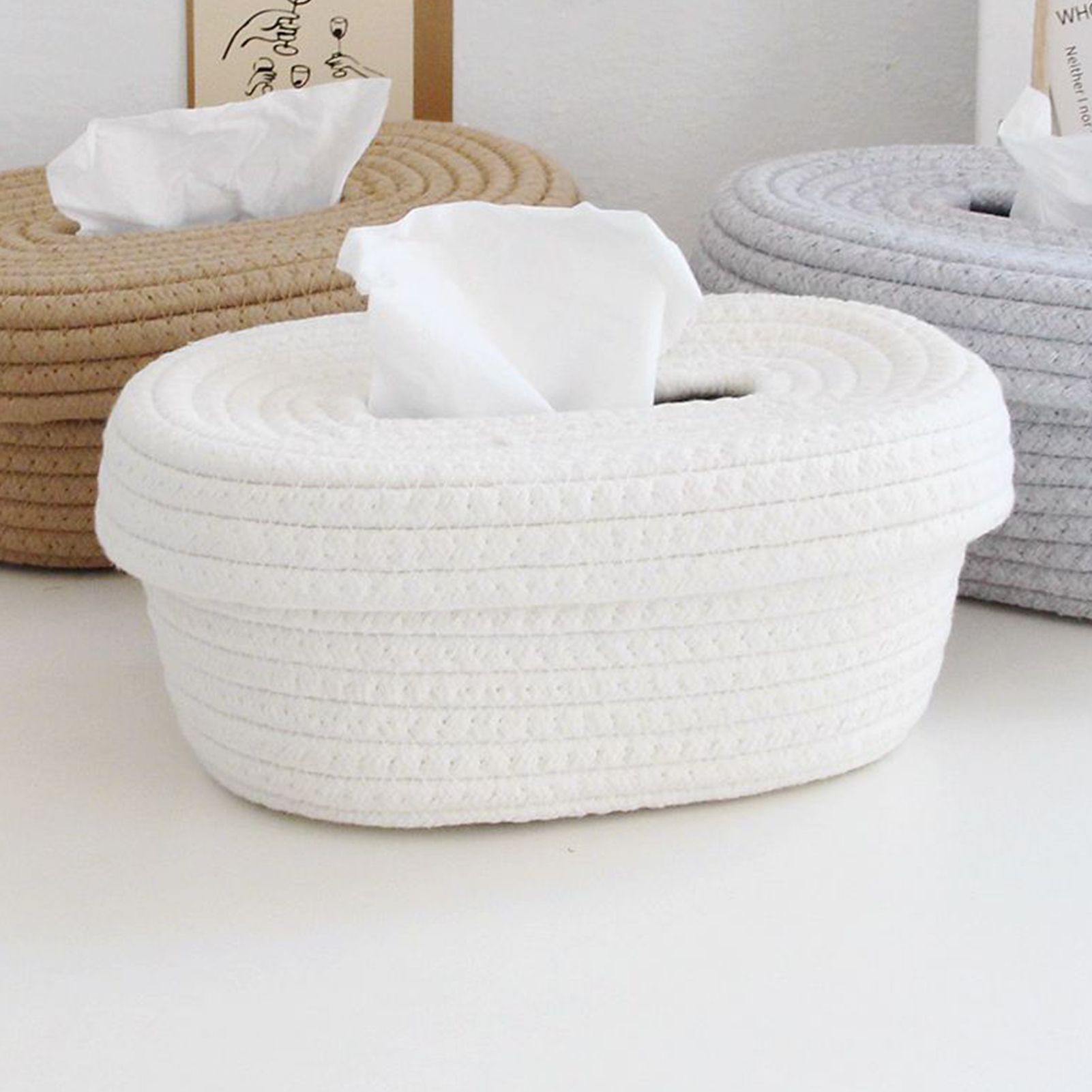 Tissue Box Cover Handmade Cotton Rope Napkin Tissue Holder Decorative Household Desktop Tissue Storage Box White - Image 7