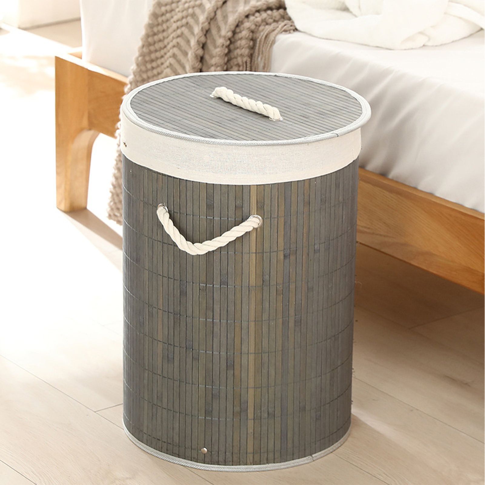 Foldable Laundry Basket Grocery Basket Bamboo Large Capacity Dirty Clothes Storage Bucket for Home 1.0 Grey Round - Image 5