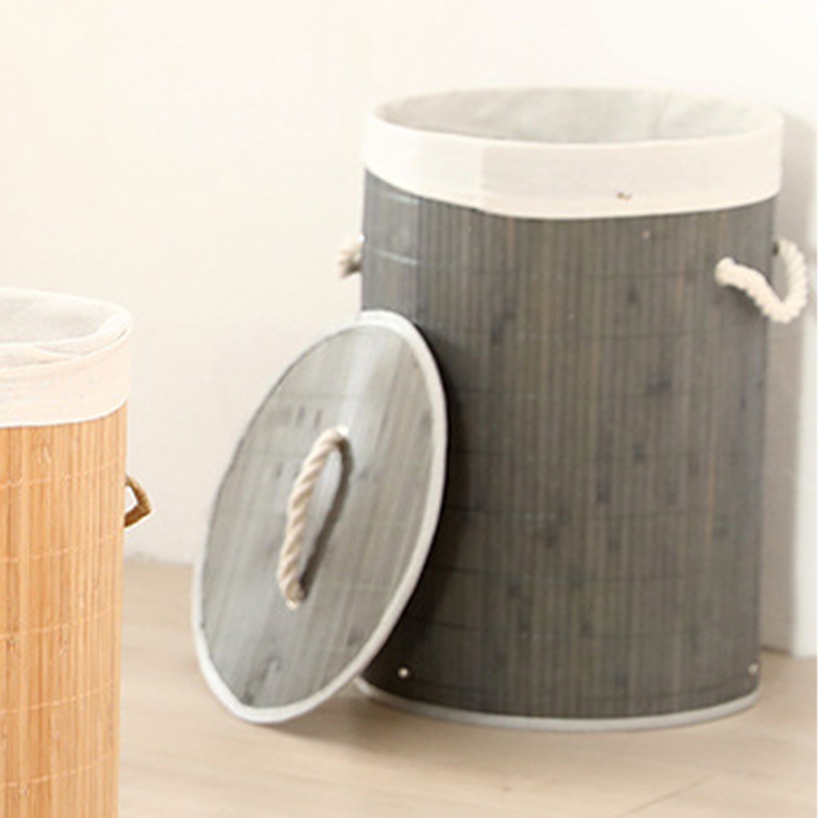 Foldable Laundry Basket Grocery Basket Bamboo Large Capacity Dirty Clothes Storage Bucket for Home 1.0 Grey Round - Image 6