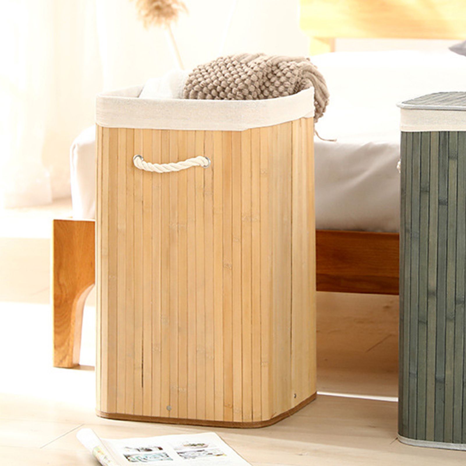 Foldable Laundry Basket Grocery Basket Bamboo Large Capacity Dirty Clothes Storage Bucket for Home 1.7 Original Color Square - Image 5