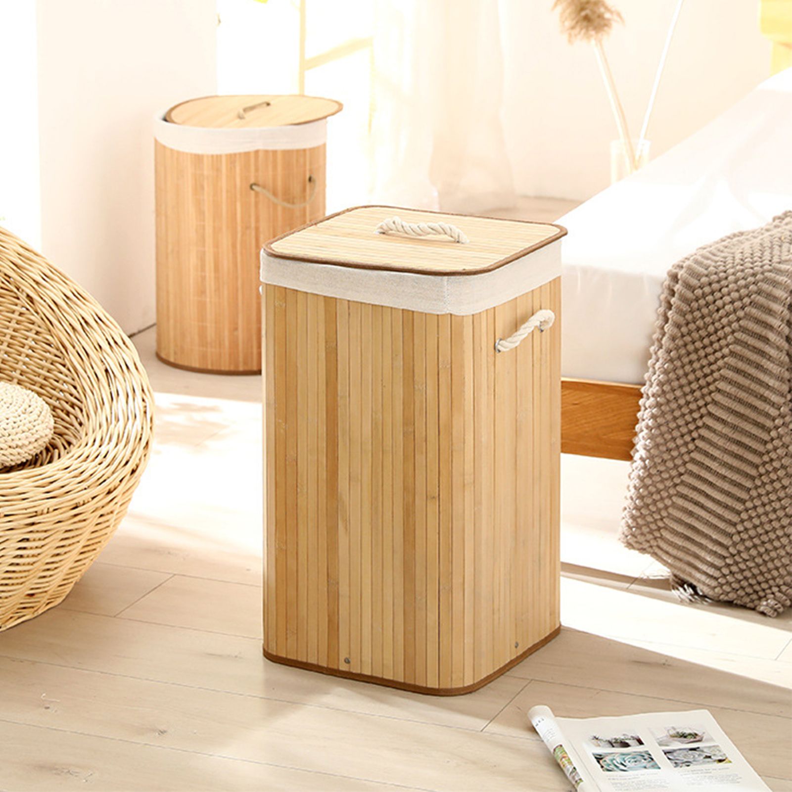 Foldable Laundry Basket Grocery Basket Bamboo Large Capacity Dirty Clothes Storage Bucket for Home 1.7 Original Color Square - Image 6