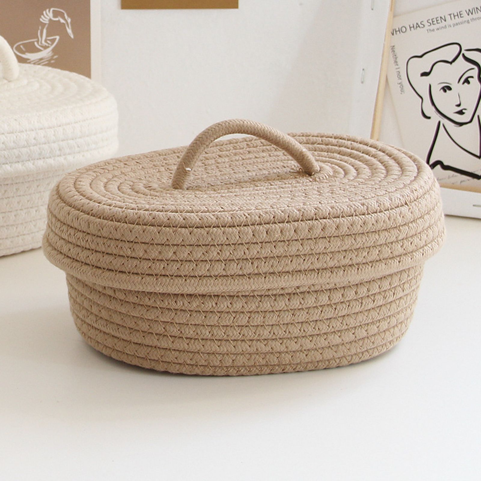 Desktop Storage Box with Lid Handmade Cotton Rope Storage Basket for Makeup Sundries Snack Needles Khaki - Image 5