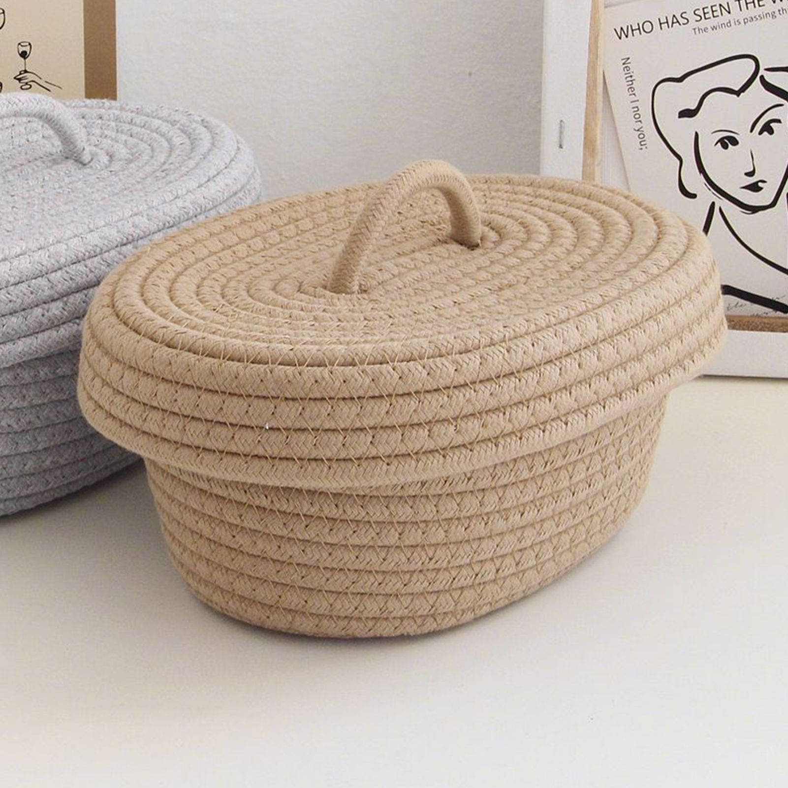 Desktop Storage Box with Lid Handmade Cotton Rope Storage Basket for Makeup Sundries Snack Needles Khaki - Image 6