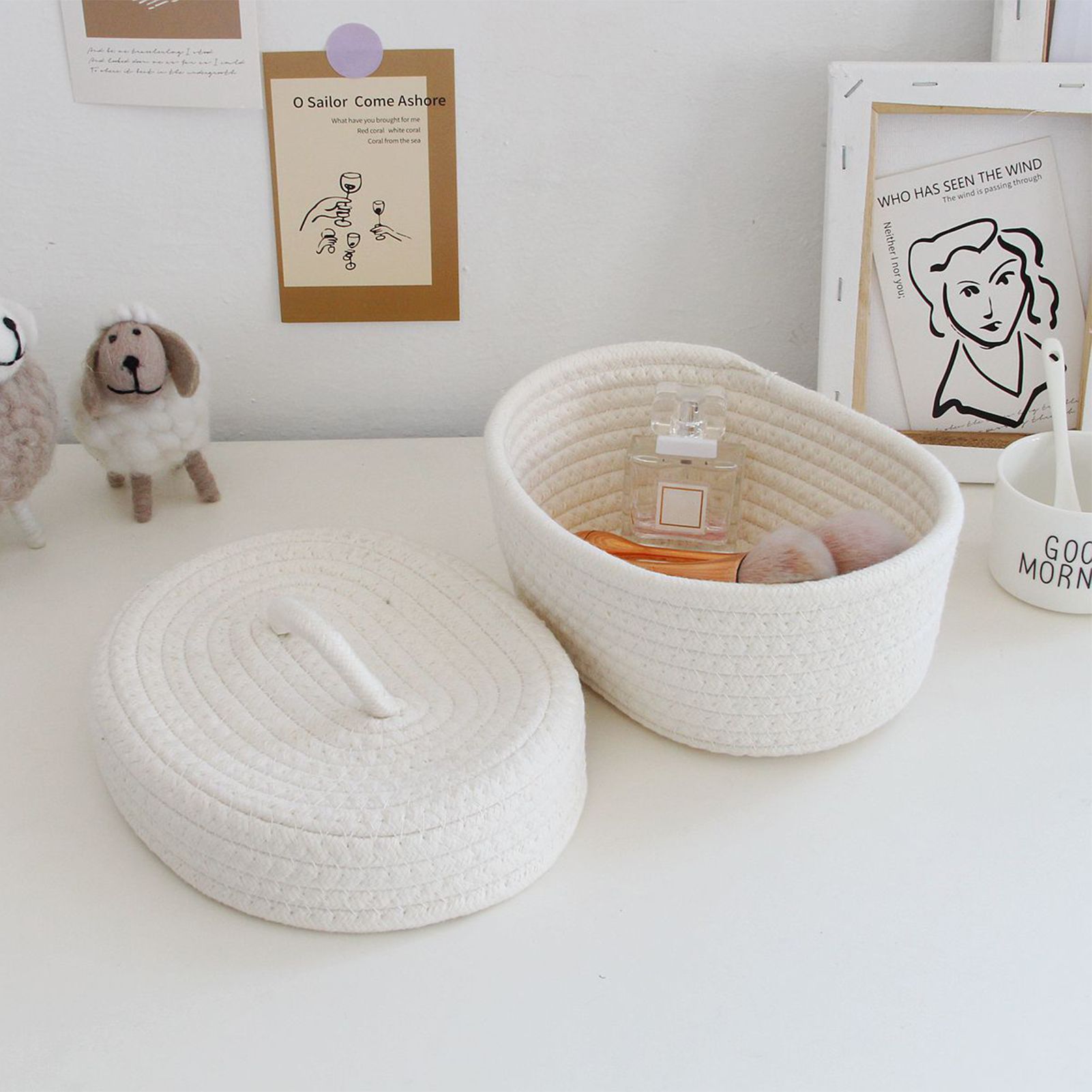 Desktop Storage Box with Lid Handmade Cotton Rope Storage Basket for Makeup Sundries Snack Needles Milky White - Image 5