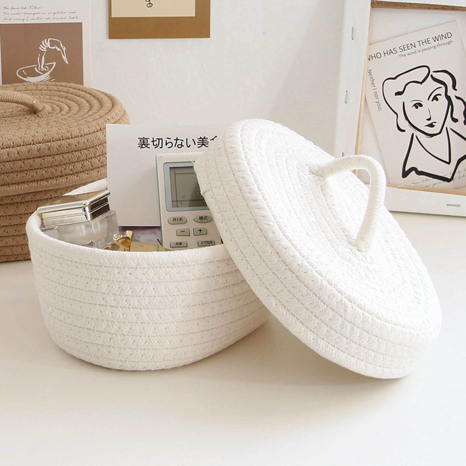Desktop Storage Box with Lid Handmade Cotton Rope Storage Basket for Makeup Sundries Snack Needles Milky White - Image 6