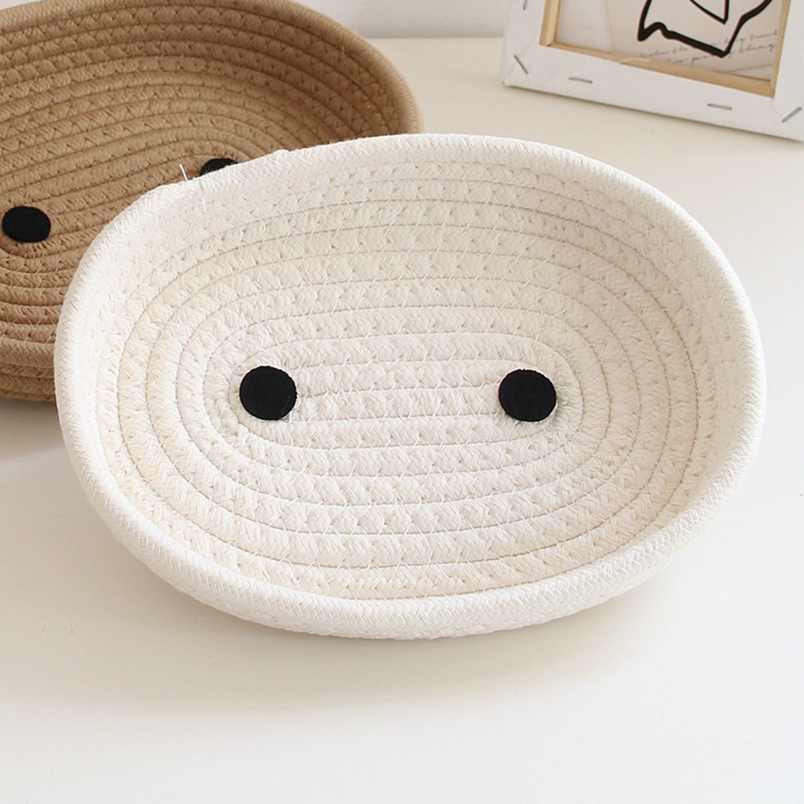 Desktop Storage Box with Lid Handmade Cotton Rope Storage Basket for Makeup Sundries Snack Needles Milky White - Image 7