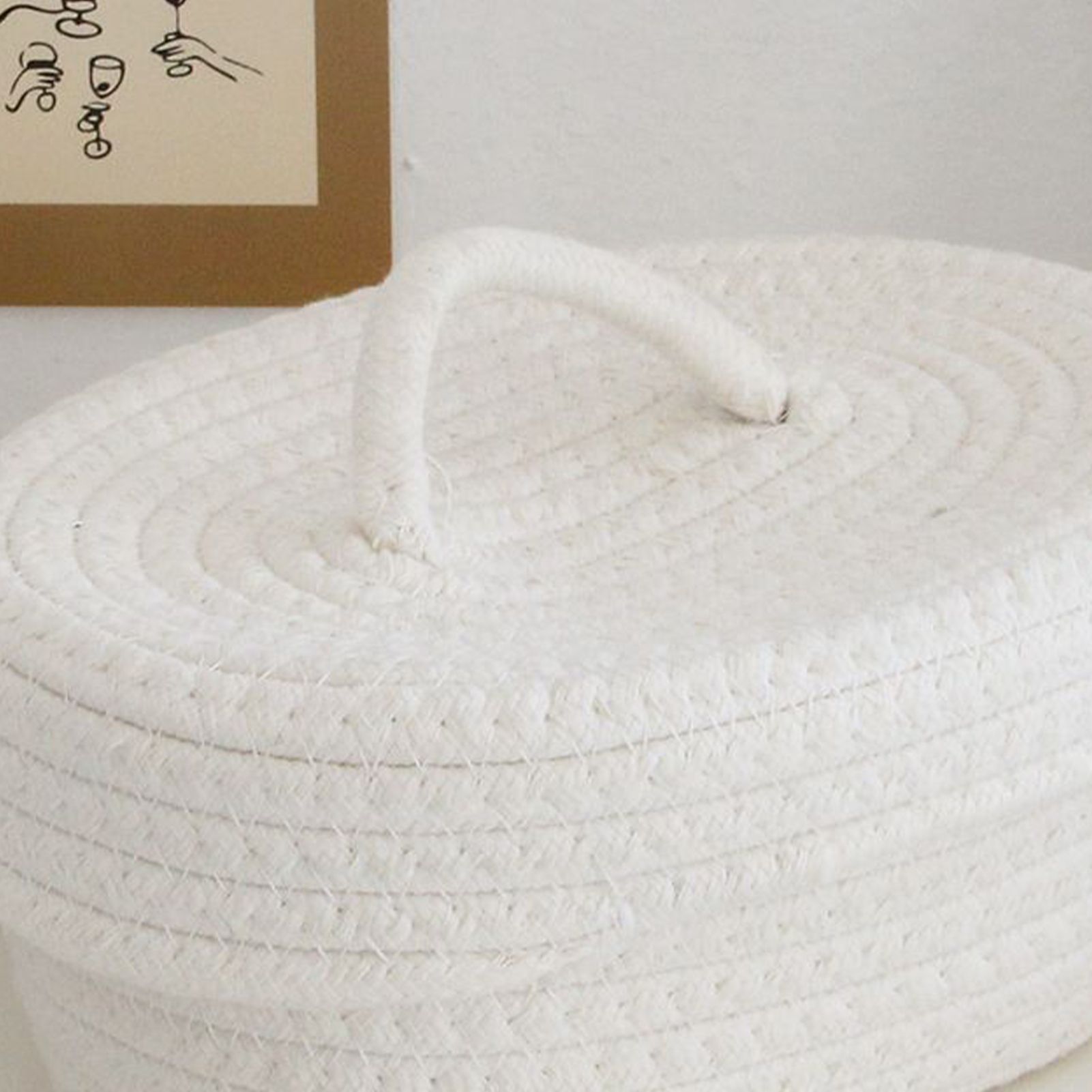 Desktop Storage Box with Lid Handmade Cotton Rope Storage Basket for Makeup Sundries Snack Needles Milky White - Image 8