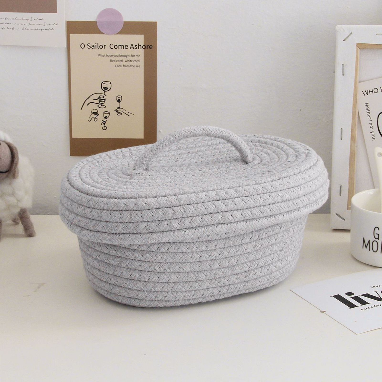 Desktop Storage Box with Lid Handmade Cotton Rope Storage Basket for Makeup Sundries Snack Needles Grey - Image 5