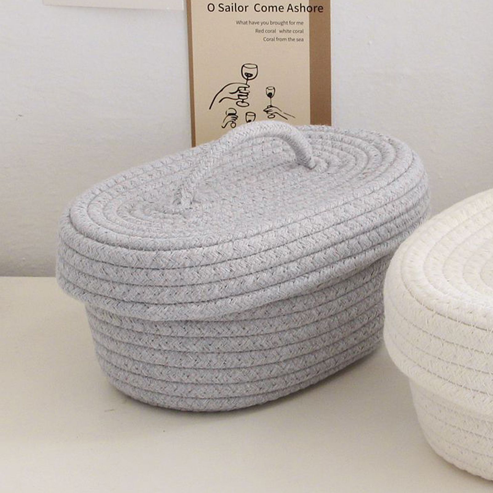 Desktop Storage Box with Lid Handmade Cotton Rope Storage Basket for Makeup Sundries Snack Needles Grey - Image 6