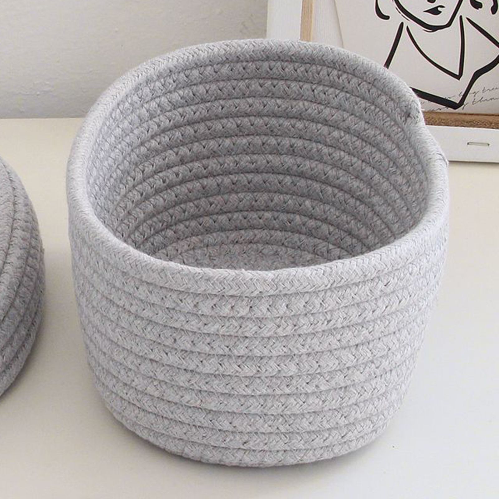 Desktop Storage Box with Lid Handmade Cotton Rope Storage Basket for Makeup Sundries Snack Needles Grey - Image 7