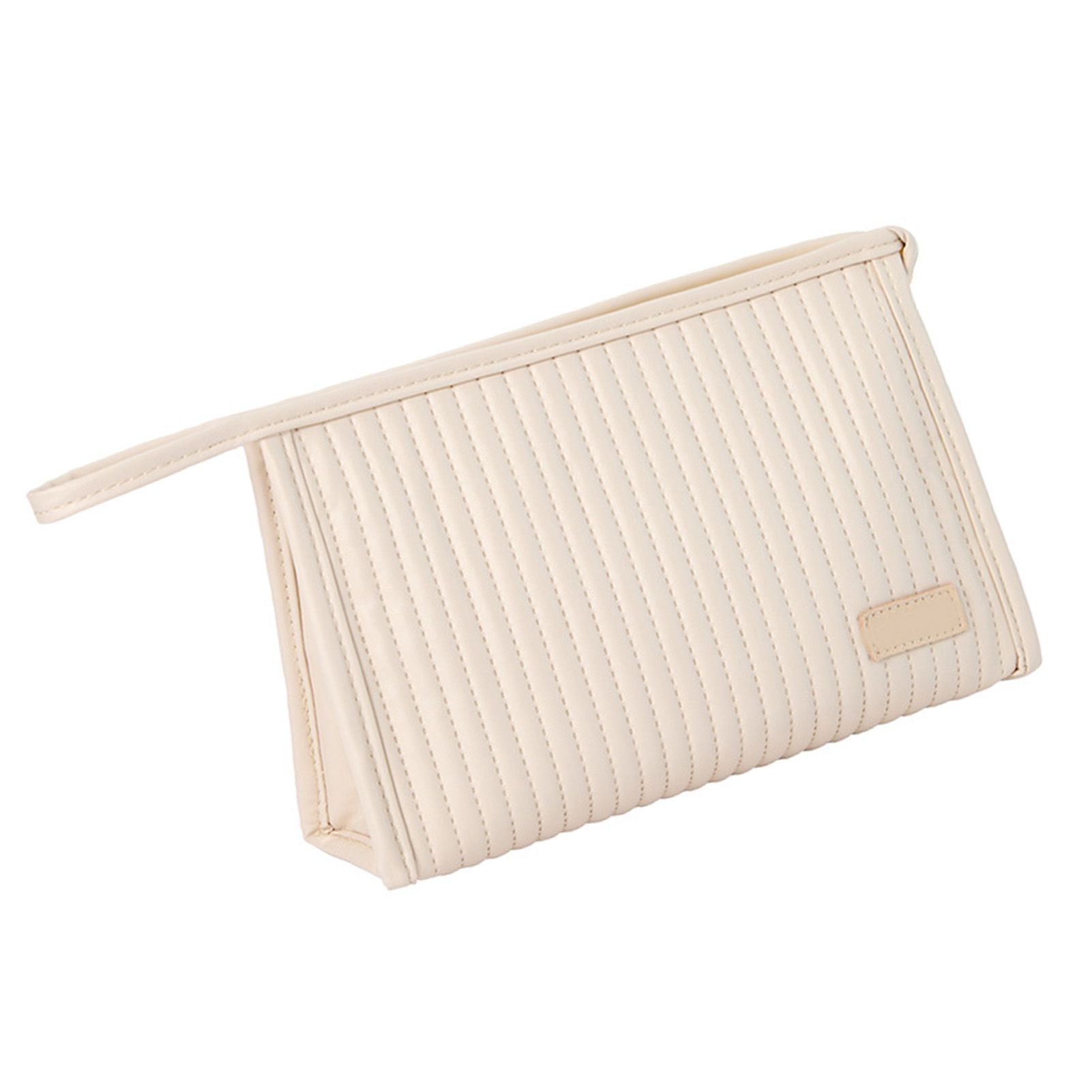 Cosmetic Bag Candy Color Large Capacity PU Leather Portable Travel Makeup Bag with Mesh Pocket Beige - Image 3