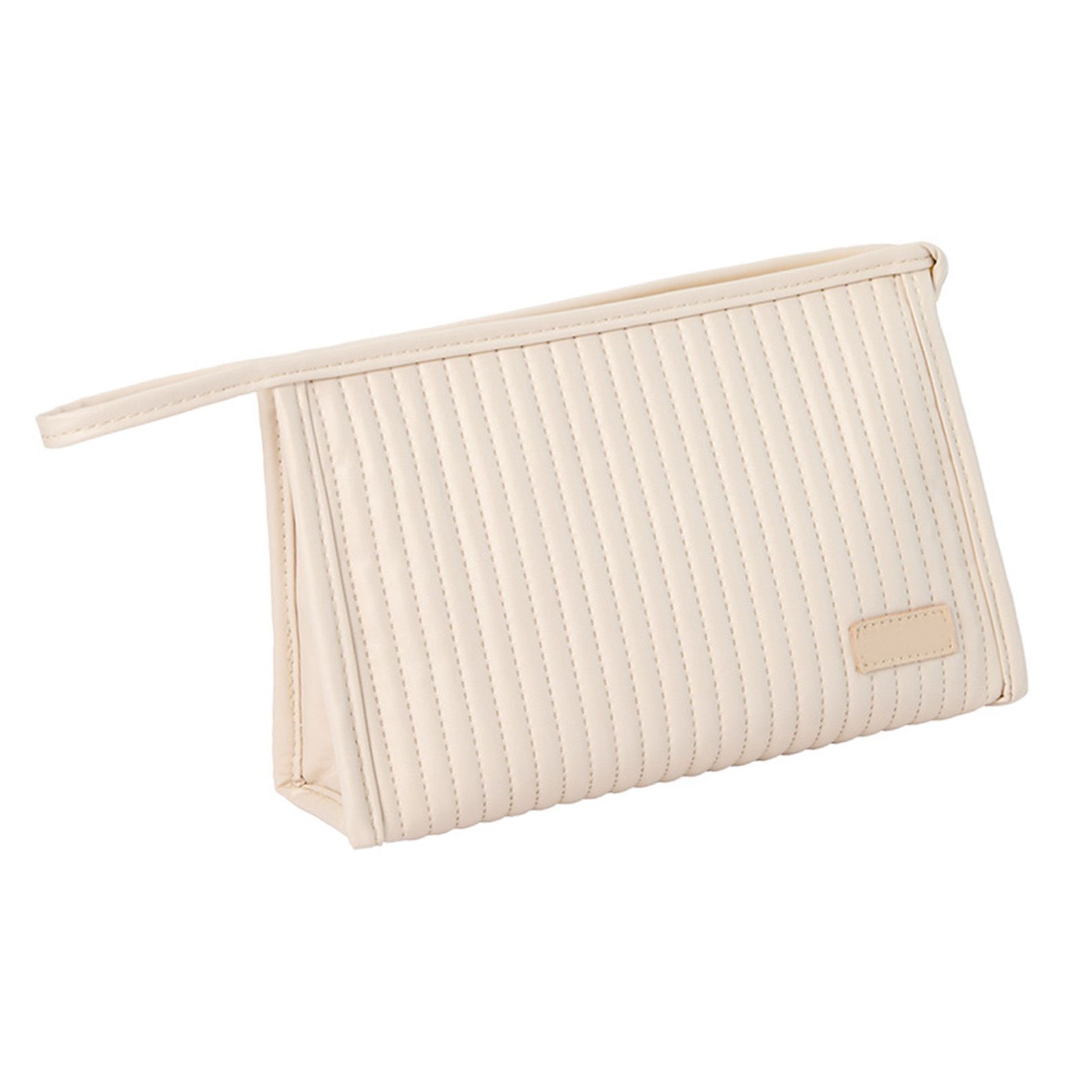Cosmetic Bag Candy Color Large Capacity PU Leather Portable Travel Makeup Bag with Mesh Pocket Beige - Image 4
