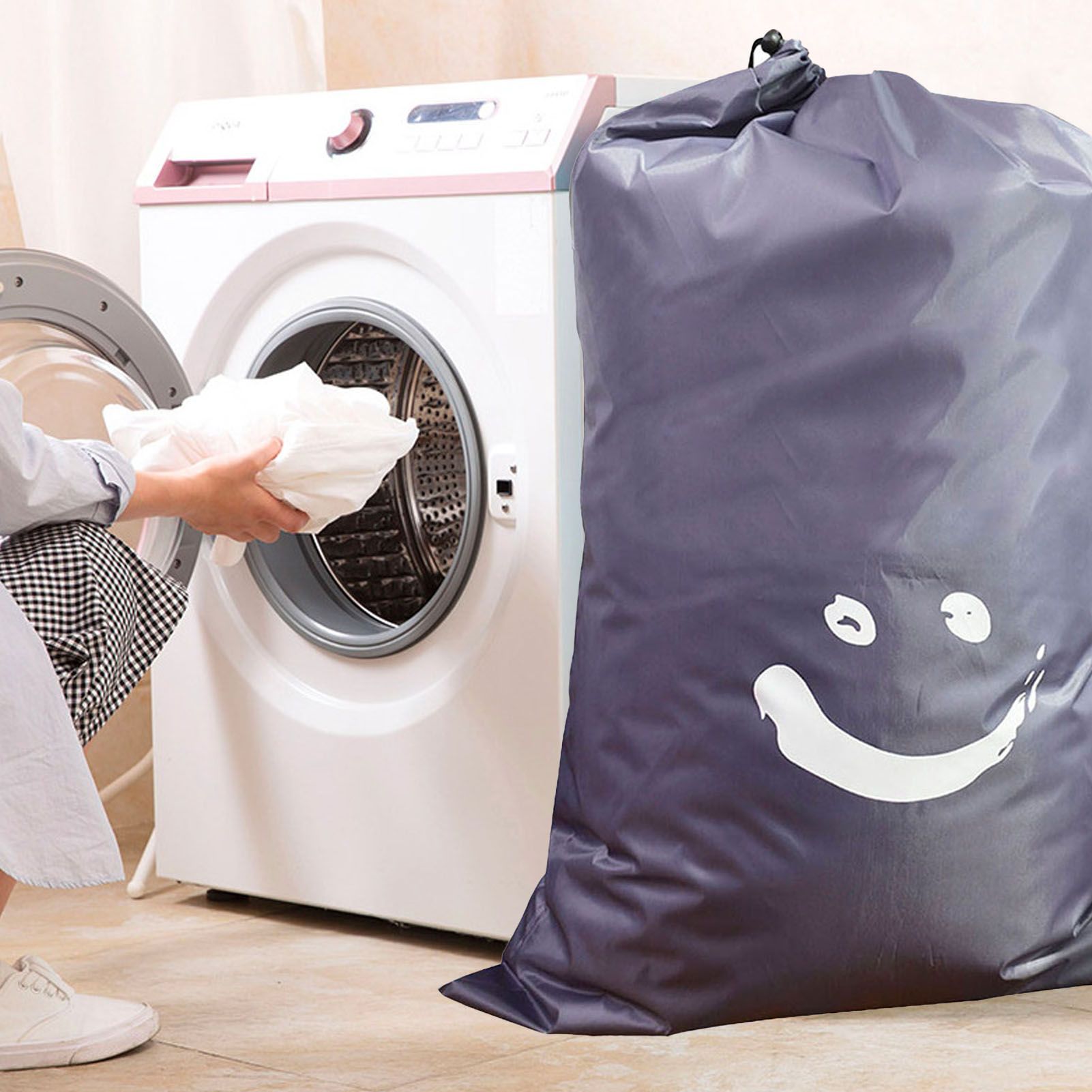Laundry Bag Nylon Drawstring Cylinder for Household Travel Dirty Clothes Quilt Books Storage Dark Grey Smiling Face - Image 5
