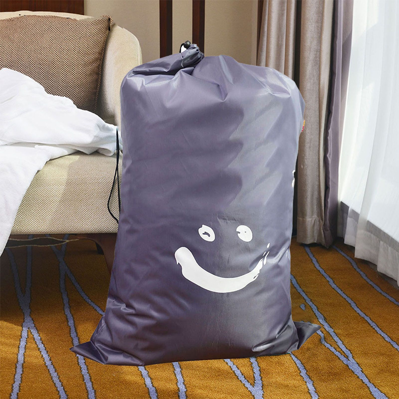 Laundry Bag Nylon Drawstring Cylinder for Household Travel Dirty Clothes Quilt Books Storage Dark Grey Smiling Face - Image 6