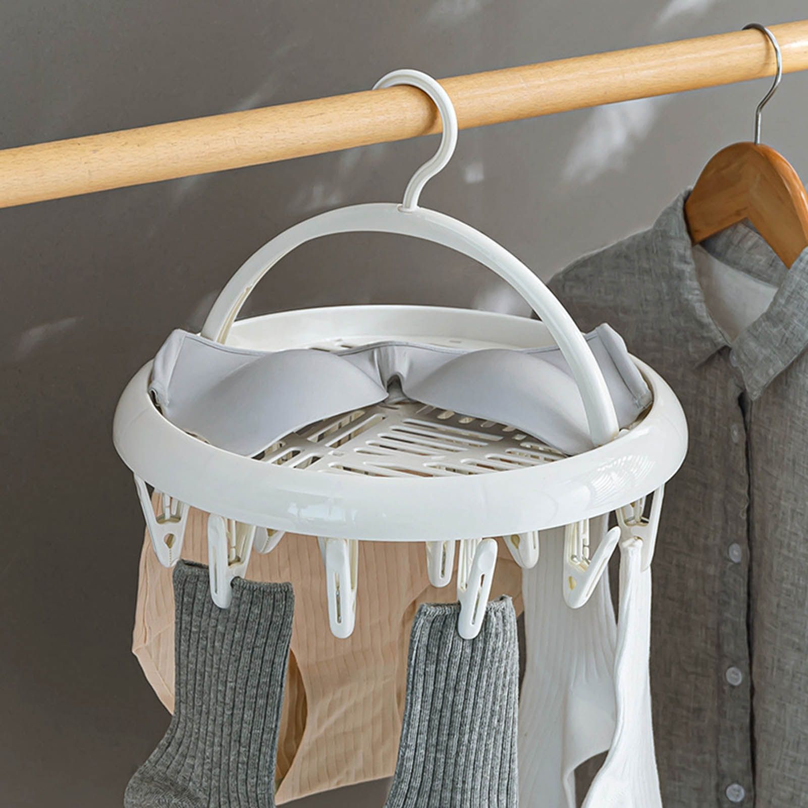 Round Drying Rack Clothes Hanger Plastic Round Laundry Hanger with Clips for Socks Underwear White - Image 5