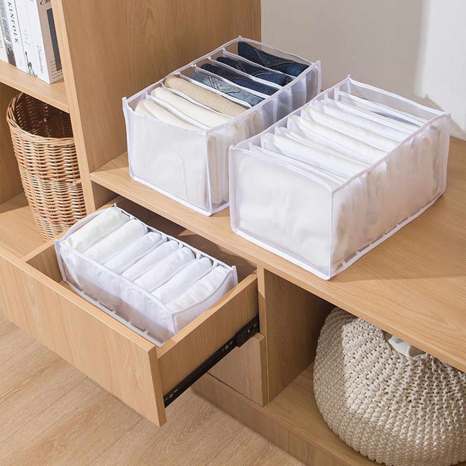 2Pcs White 7 Gird Pants Divider Storage Box Pants 7 Compartment Closet Pants Storage Case Organizer - Image 5