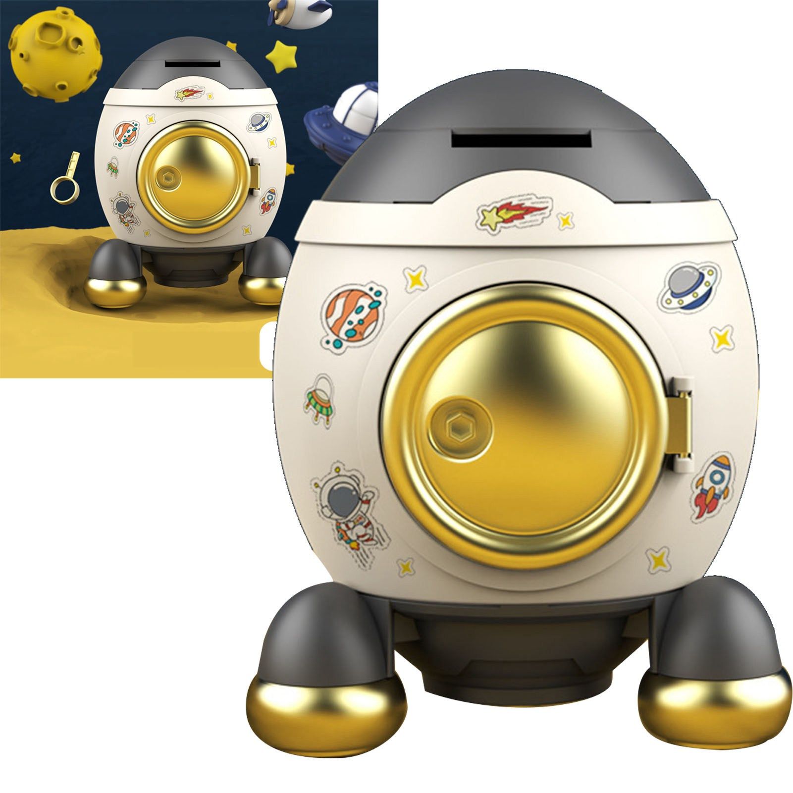 Cartoon Style Space Rocket Piggy Bank Money Bank Money Saving Jar Boys Girls Gift Luxurious Grey Gold - Image 5