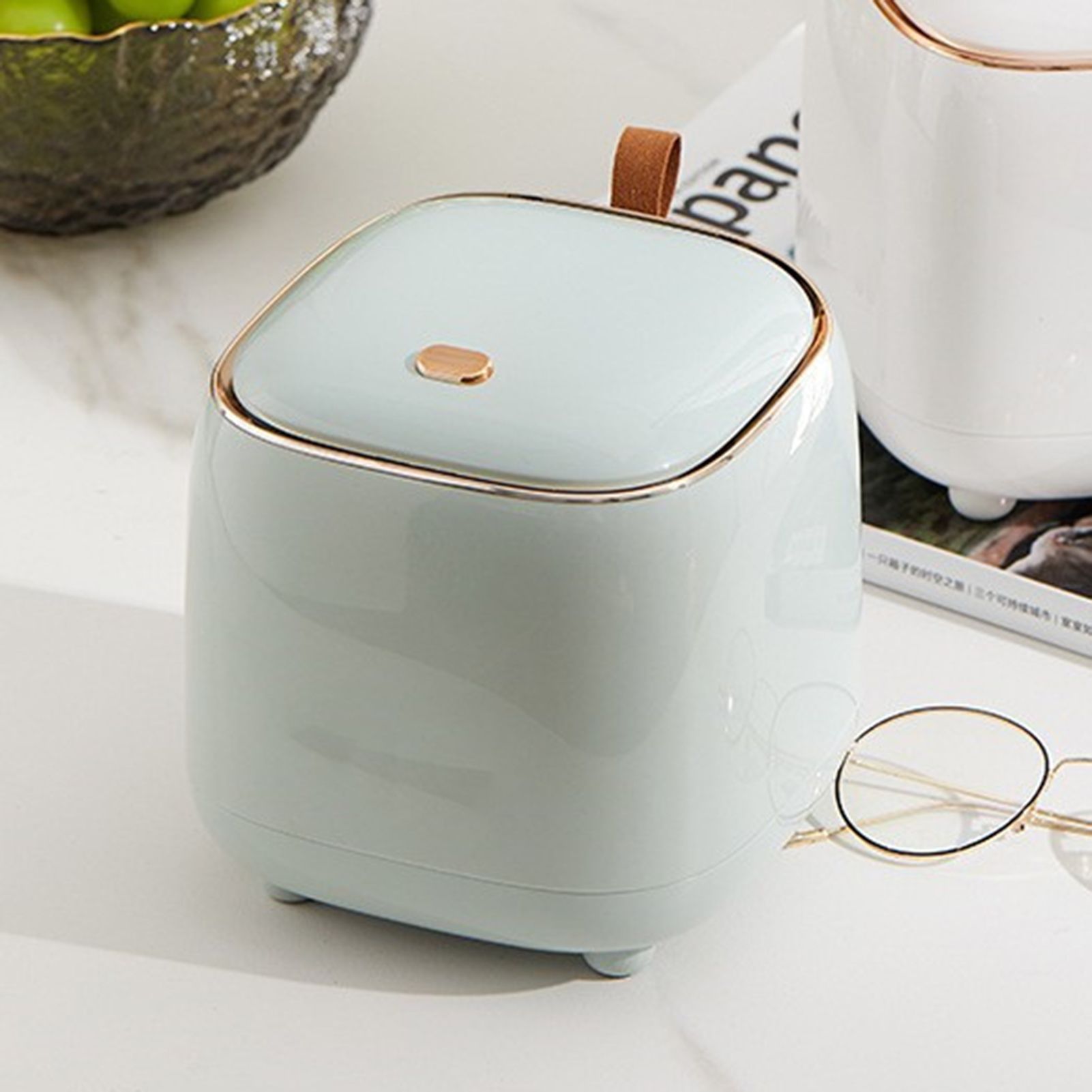 Push Type Desktop Trash Bin with Lid Fashionable Double Layer Large Opening Garbage Container for Living Room Light Green - Image 6