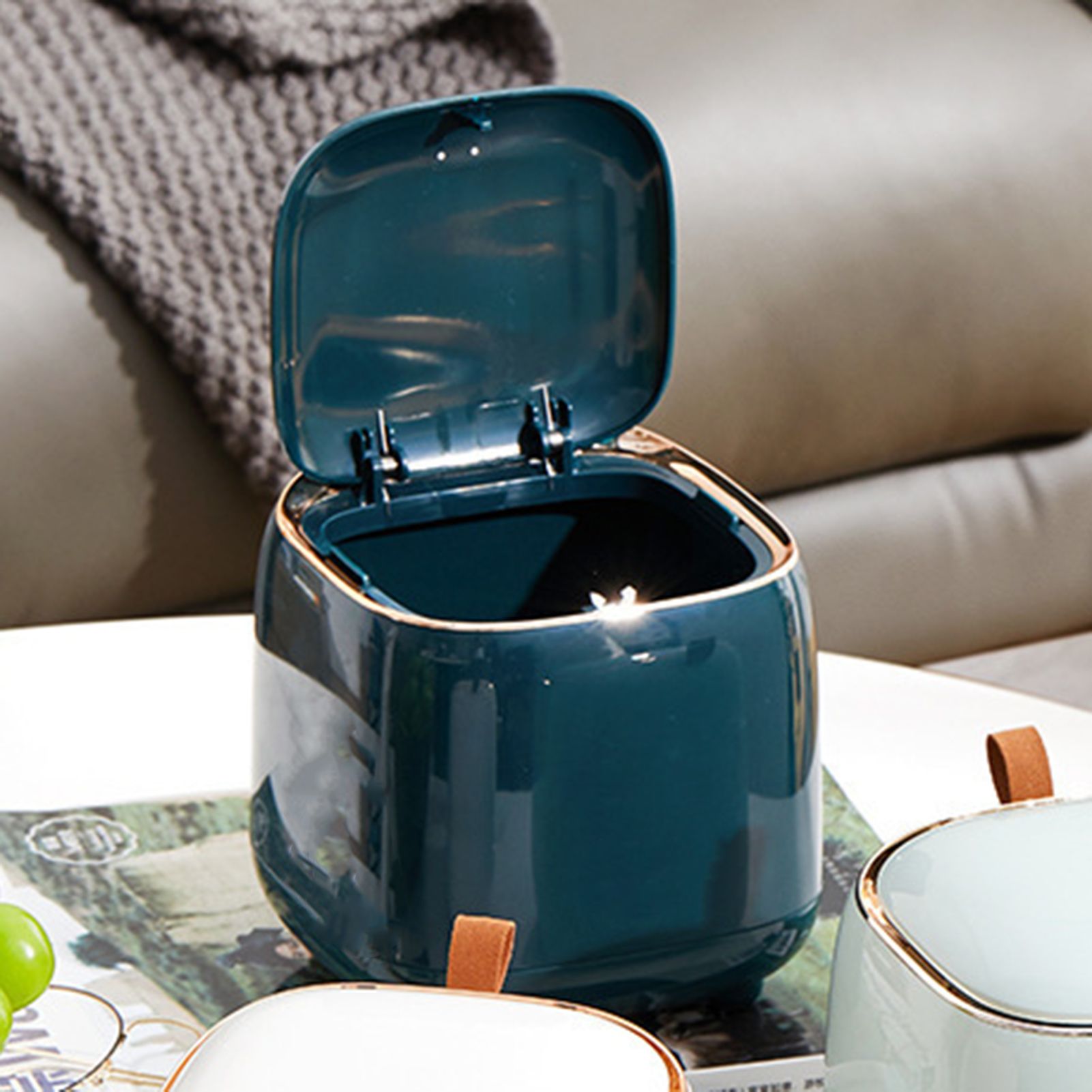 Push Type Desktop Trash Bin with Lid Fashionable Double Layer Large Opening Garbage Container for Living Room Dark Green - Image 6