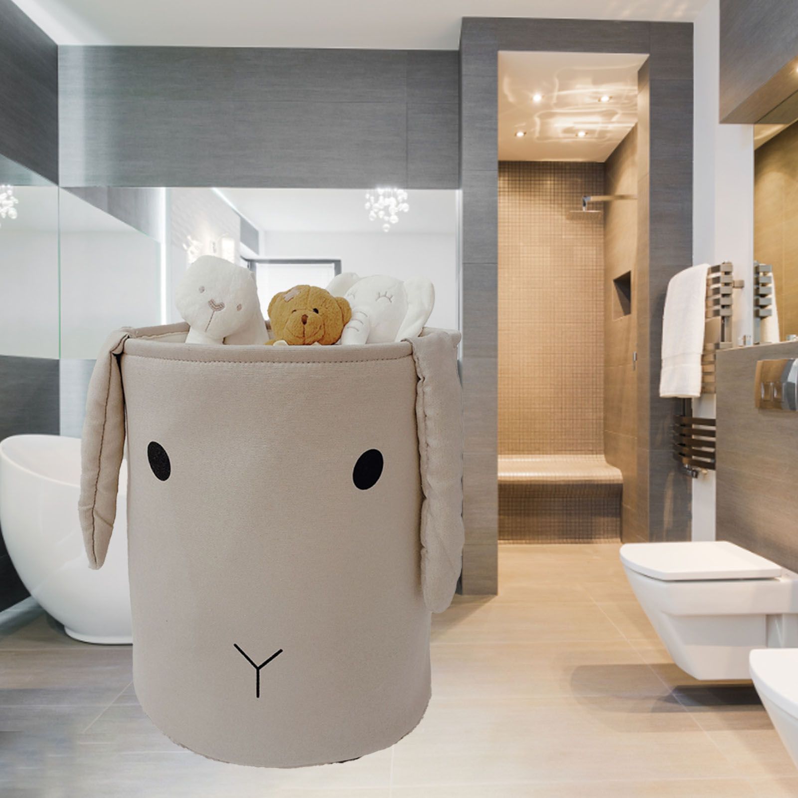 Fabric Storage Basket Collapsible Waterproof Cartoon Canvas Toy Organizer Laundry Basket for Playroom Bedroom Gray Rabbit Three Layers Thickened 35x40cm / 13.8x15.7in - Image 5